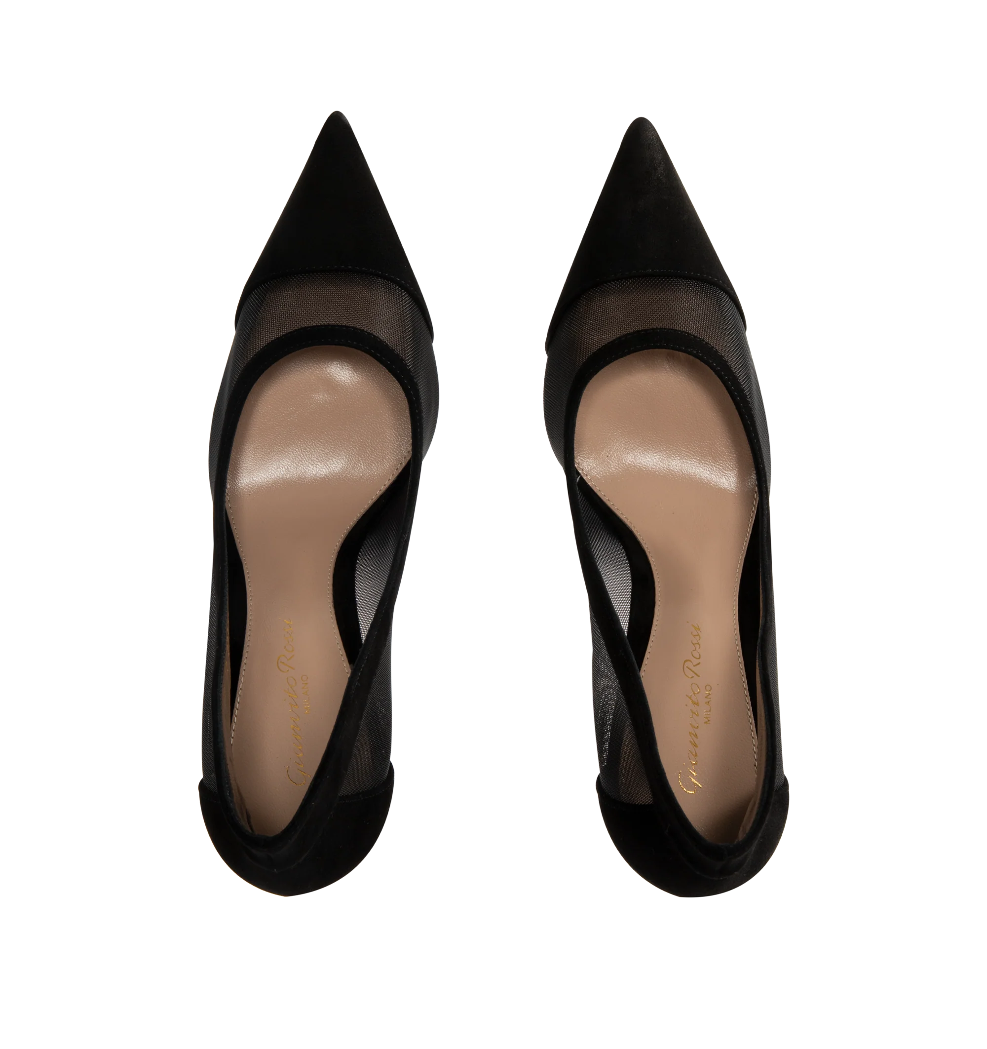 Image 4 of 4 - BLACK - Gianvito Rossi Womens Pumps are crafted from suede and mesh. Feature a pointed toe, stiletto heel, leather and fabric lining, and leather sole. Main Material: Suede, Mesh; Lining: Leather, Fabric; Sole: Leather. Made in Italy.