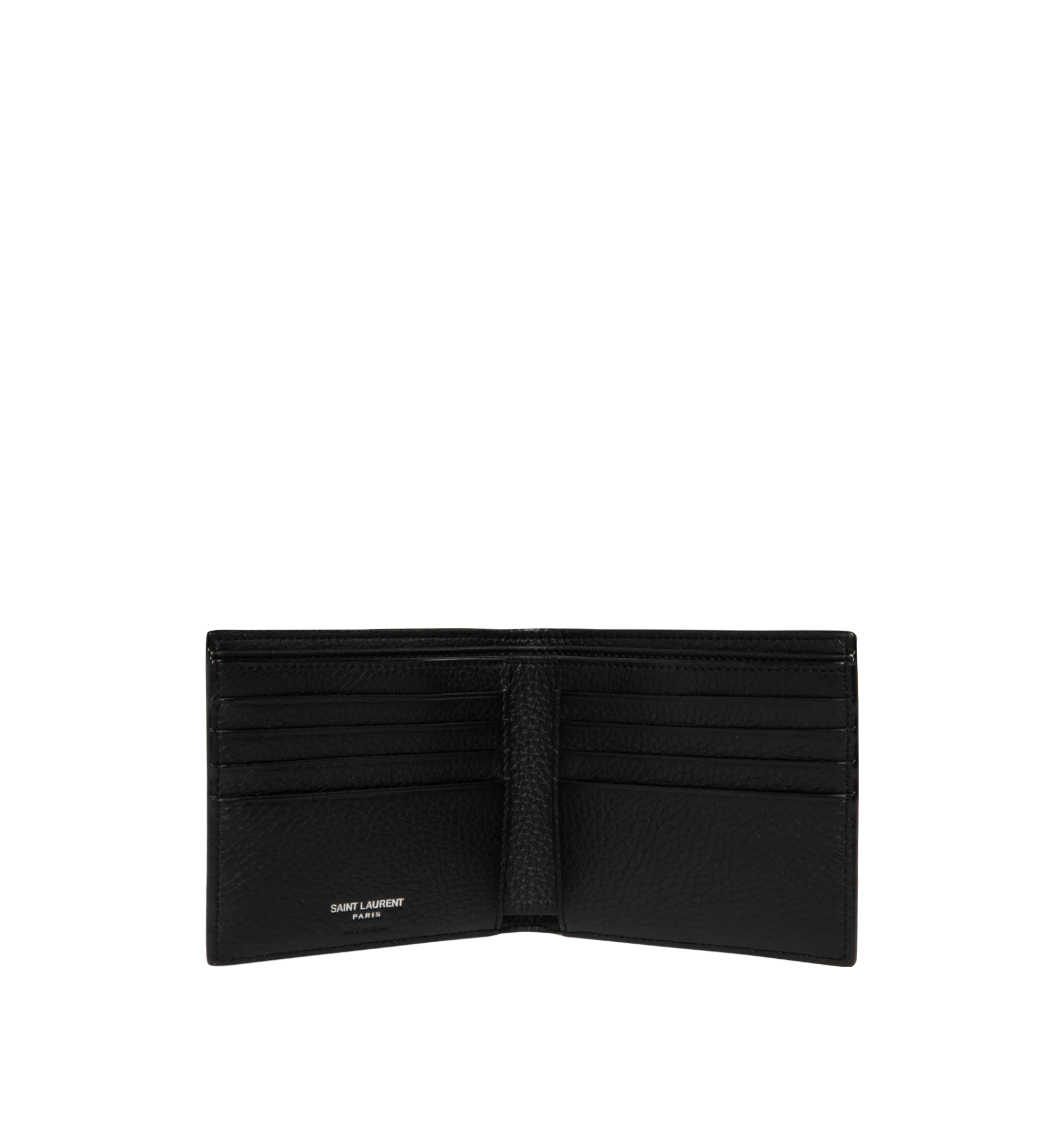 Image 3 of 3 - BLACK - Saint Laurent Mens Wallet is crafted from black leather. Features a classic bifold silhouette, interior card slots and bill compartment, silver-tone hardware, and embossed Saint Laurent logo. Main Material: 100% Leather. Made in Italy. 
