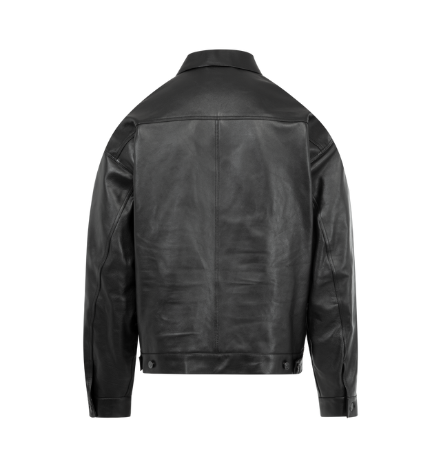 Image 2 of 3 - BLACK - BALENCIAGA Shirt Jacket featuring grainy soft buffalo skin, shirt collar, 6 button front, 2 pockets at chest, 2 slash pockets, buttoned at cuffs, adjustable buttoning at waist and gothic denim artwork embroidered on right sleeve. 100% buffalo. Lining; 100% cupro. Made in Italy.