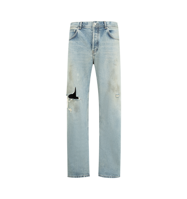 Image 1 of 3 - BLUE - ENFANTS RICHES DEPRIMES Flare Jeans featuring 13oz Japanese denim, mid rise, 5 pockets style, button fly, belt loops at waist, embossed logo patch at back waistband and distressing throughout. Cotton.