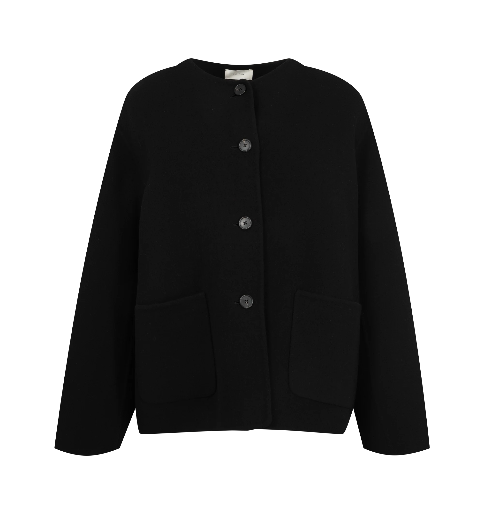 Image 1 of 2 - BLACK - The Row Women's Quintus Jacket is crafted from pure cashmere and features a collarless silhouette with a button-front closure and spacious patch pockets for a refined, minimalist look. This designer cashmere jacket combines exceptional Italian craftsmanship with timeless tailoring, making it a versatile wardrobe staple for effortless everyday layering. Main Material: 100% Cashmere. Made in Italy.