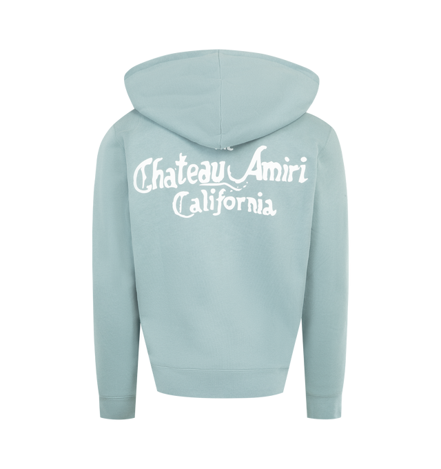 Image 2 of 2 - BLUE - AMIRI MA Chateau Zip Hoodie featuring a full front zipper closure, ribbed cuffs and hem, adjustable drawstring hood, and signature rose-embroidered Chateau Amiri California logo on the chest. 100% cotton. Made in Italy.