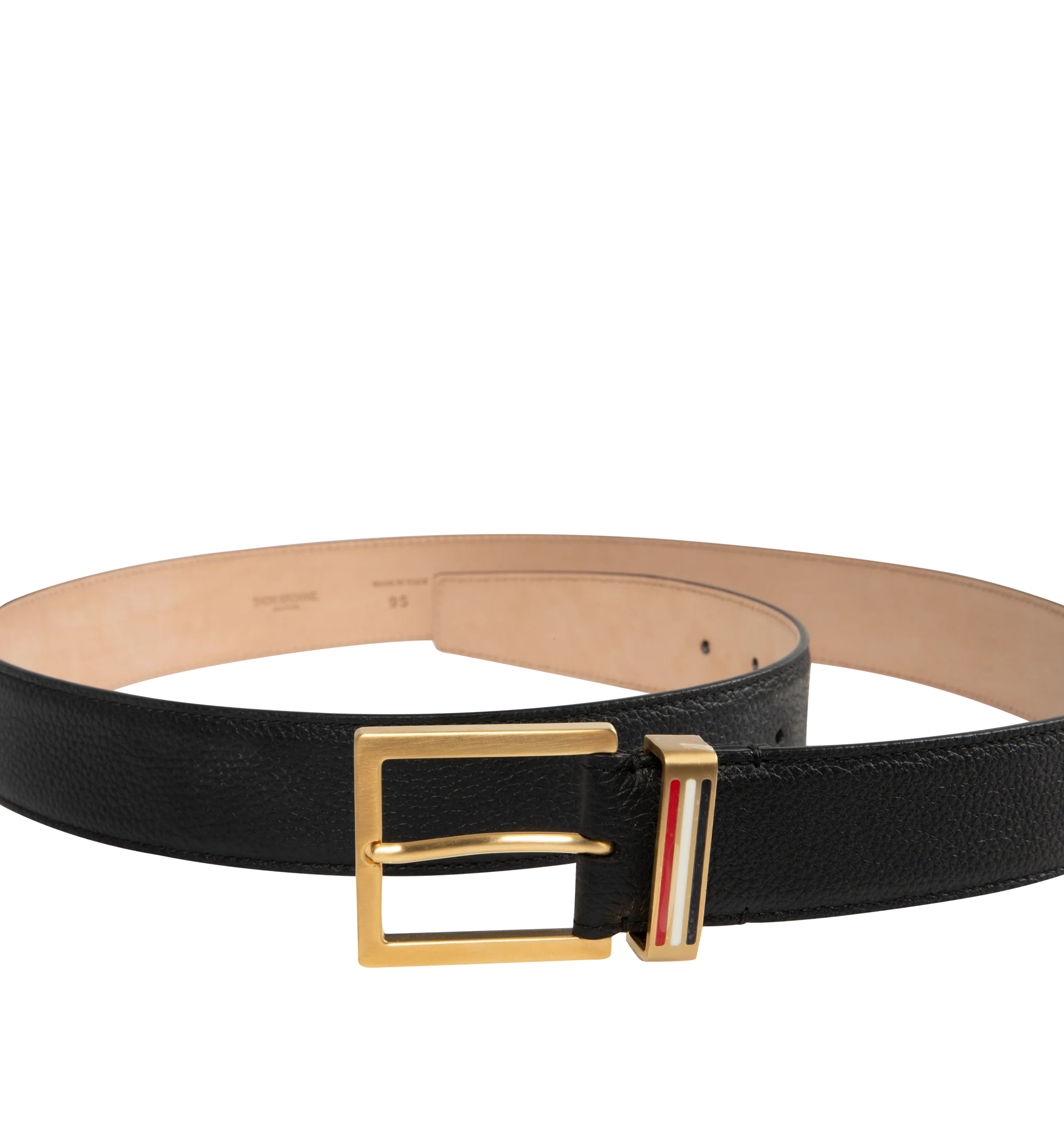 Image 2 of 2 - BLACK - Thom Browne Mens Belt is crafted from soft pebble grain calf leather. Features a polished metal loop buckle with signature RWB stripe detail and a structured silhouette. Main Material: 100% Calf Full Grain Leather. Made in Italy. 