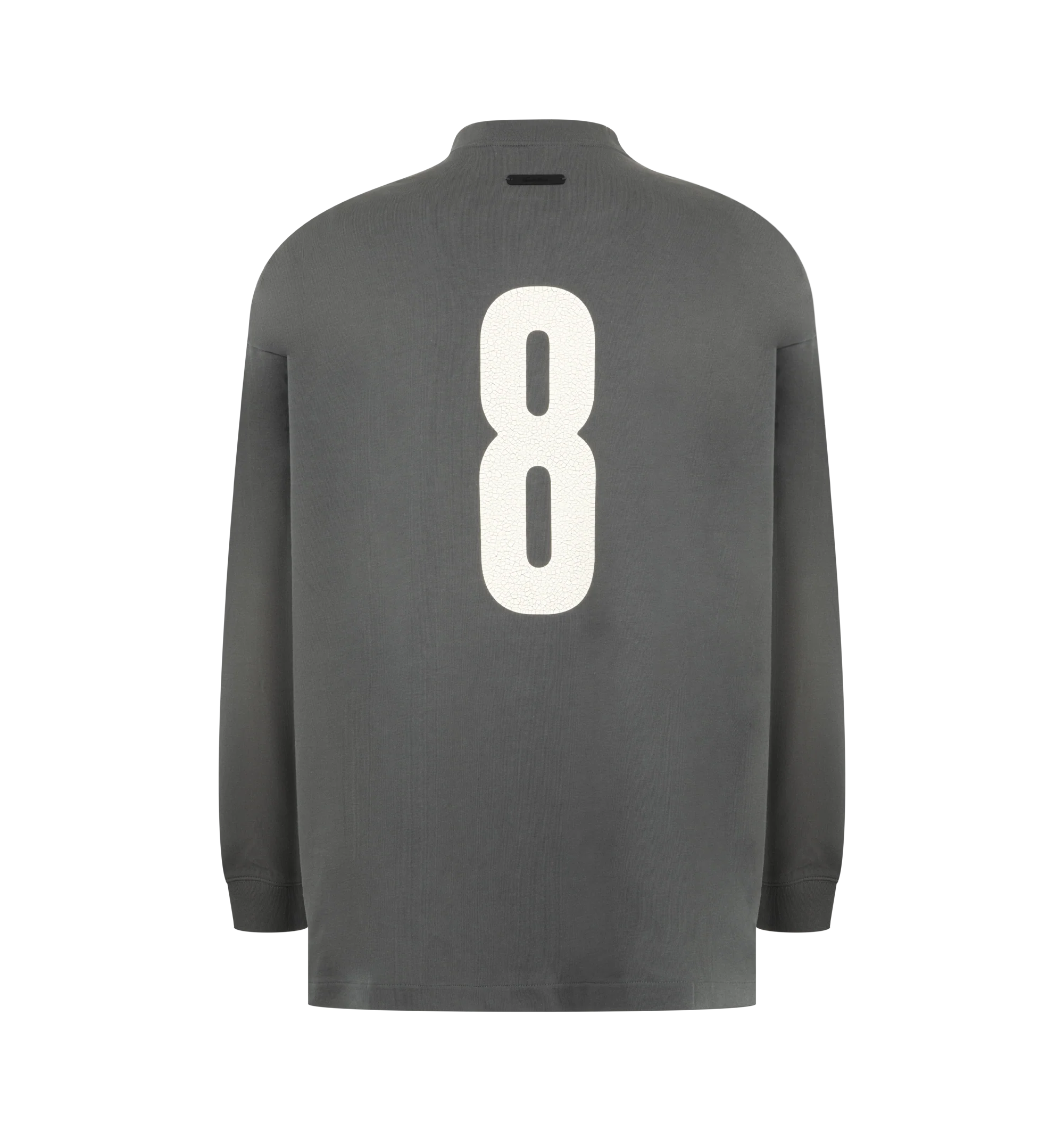 Image 2 of 2 - GREY - Fear of God Essentials Mens Merch Long Sleeve Tee is crafted from 300 GSM cotton jersey. Features a boxy relaxed fit, ribbed crew neckline, dropped shoulders, ribbed cuffs, crackle-printed All Valley Essentials graphic at the front, number "8" graphic at the back, and an Essentials signature label at the back collar. Main Material: 100% Cotton.