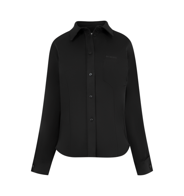 Image 1 of 3 - BLACK - BALENCIAGA Classic Shirt featuring double cotton, cocoon-inspired design with an elongated back, shirt collar, dropped shoulders, 5 button front, 1 chest pocket with Balenciaga logo embroidered, long sleeves, french cuffs, rounded hem and Balenciaga-engraved buttons. 100% cotton Made in Italy.
