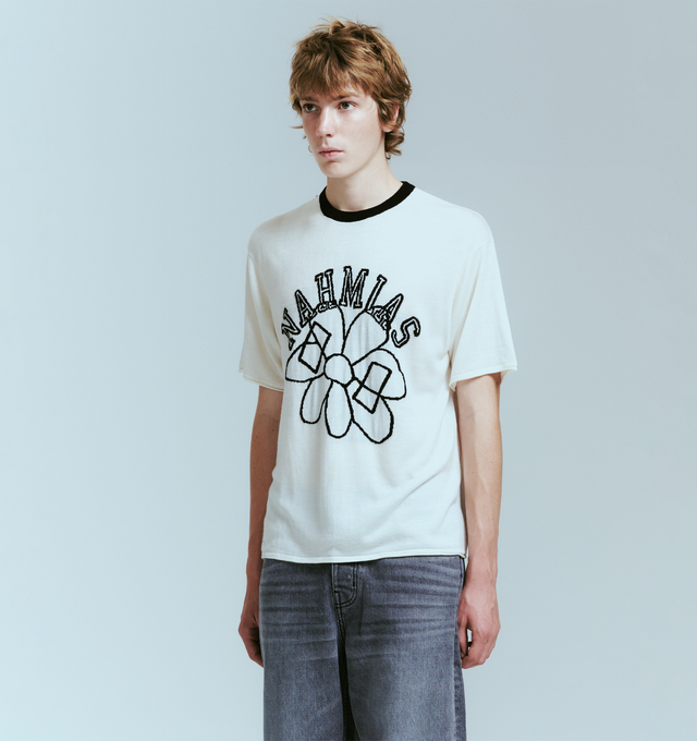 Image 3 of 4 - WHITE - NAHMIAS Knit Flower Boxy Tee featuring crew neck, short sleeves, contrast collar and front embroidered graphic. 100% cotton. Made in the USA.