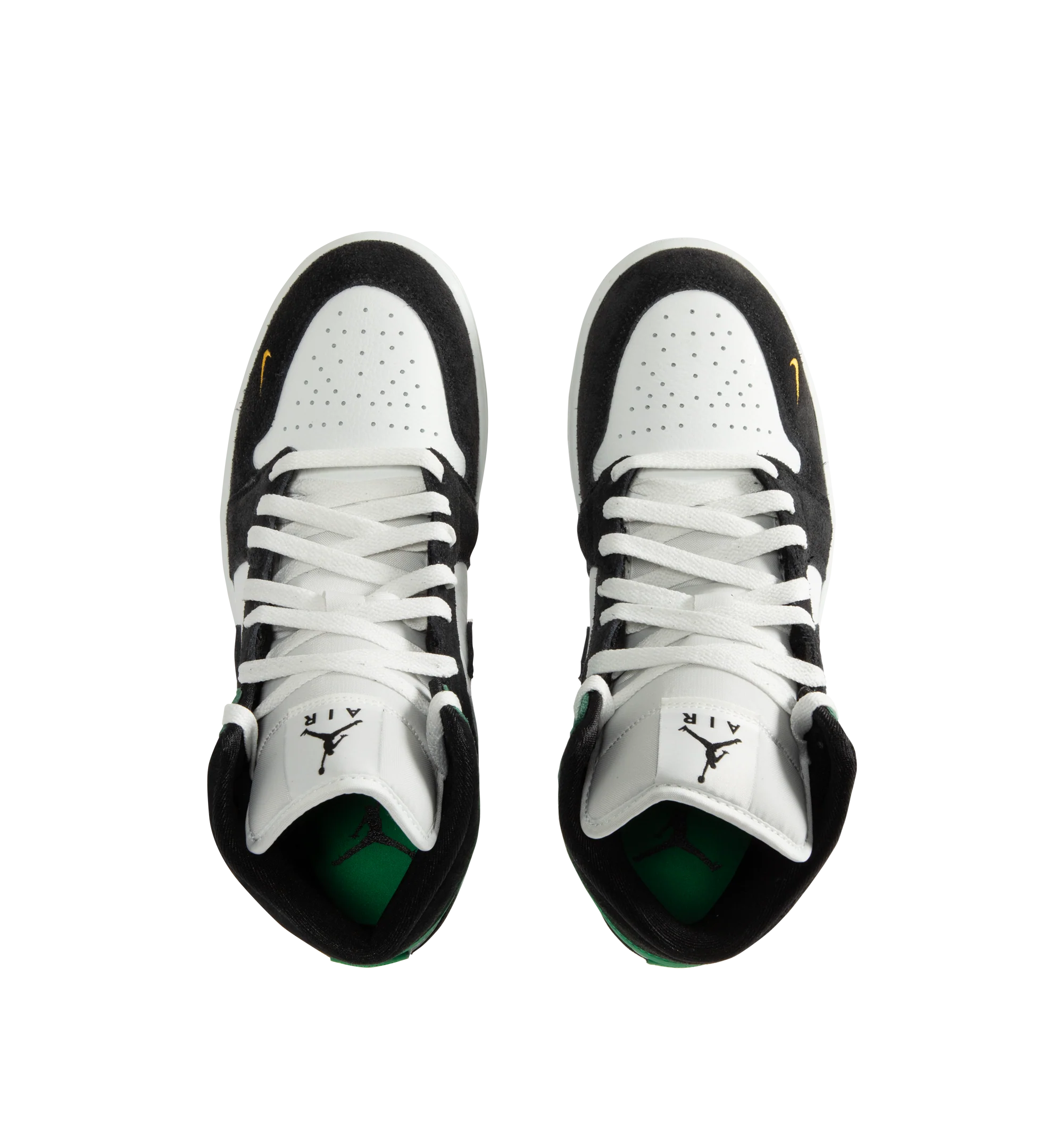 Image 5 of 5 - GREEN - Men's Air Jordan 1 Mid SE Sneakers feature a genuine leather upper with the iconic mid-top silhouette, signature Wings branding, and a stitched Swoosh for a timeless heritage look. These lifestyle sneakers combine encapsulated Air-Sole cushioning, a padded collar, and a durable rubber outsole for lightweight comfort, lasting support, and reliable traction. Main Material: Genuine Leather. Midsole: Encapsulated Air-Sole Unit. Sole: Rubber. 