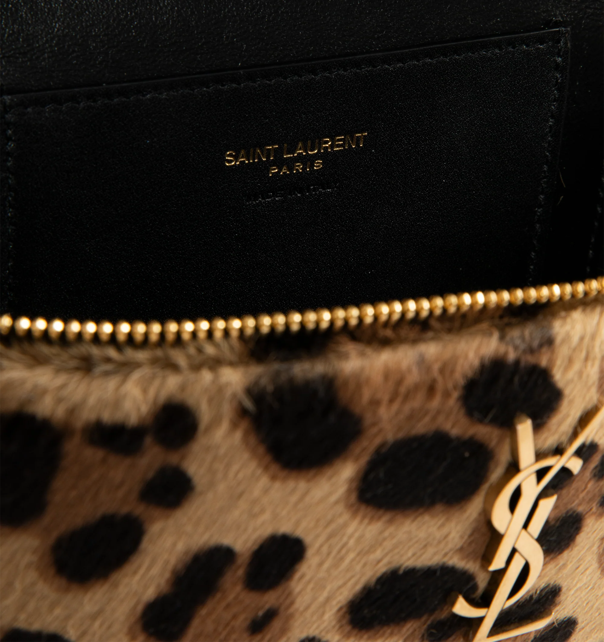 Image 3 of 3 - BROWN - SAINT LAURENT Gaby Vanity Bag in leopard-print pony hair leather, decorated with the cassandre, fully lined in leather, a top handle, adjustable and detachable strap, bronze-tone hardware, zip closure and one card slot. 7.1" x 4.3" x 2.6". Calfskin. Made in Italy.