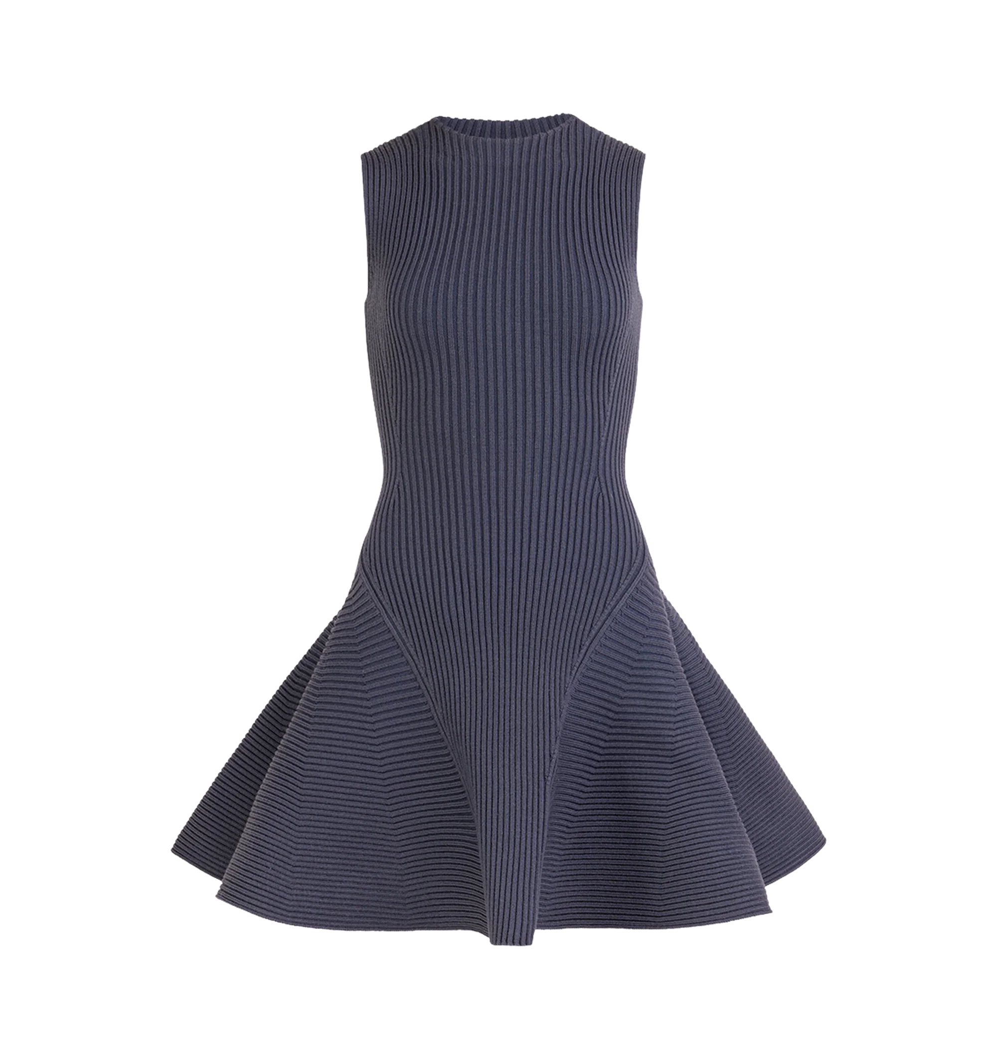 Image 1 of 1 - PURPLE - Alaa Women's Rib Knit Skater Dress is crafted from a wool blend with a touch of stretch for comfort and shape retention. The sleeveless, crew-neck design features a fitted bodice that flares into a feminine knee-length skirt, creating the brand's signature fit-and-flare silhouette. Main Material: 89% wool, 10% polyamide, 1% elastane. Flounce: 85% wool, 14% polyamide, 1% elastane. Made in Italy.