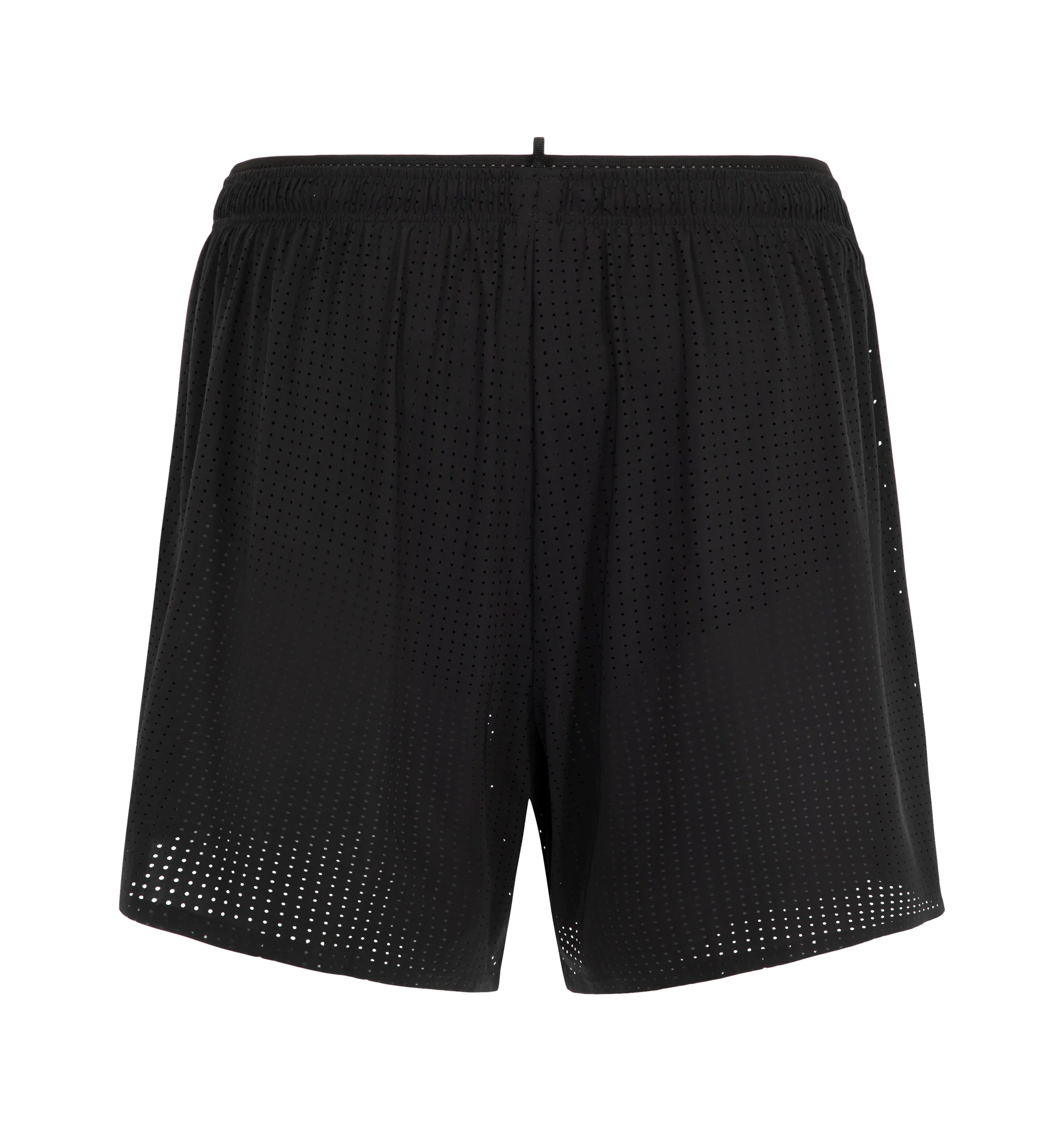 Image 2 of 3 - BLACK - Satisfy Men's Space-O 5" Shorts are crafted from Italian Space-O micro jersey and feature precision-punched perforations for lightweight breathability. Designed with four-way stretch for unrestricted movement, the performance silhouette is engineered for long-distance efforts and everyday training. Functional details include a sweat-resistant hidden phone pocket, double waistband with internal drawcords, a mini S-Carabiner for keys, and reflective logo detailing. Main Material: Space 