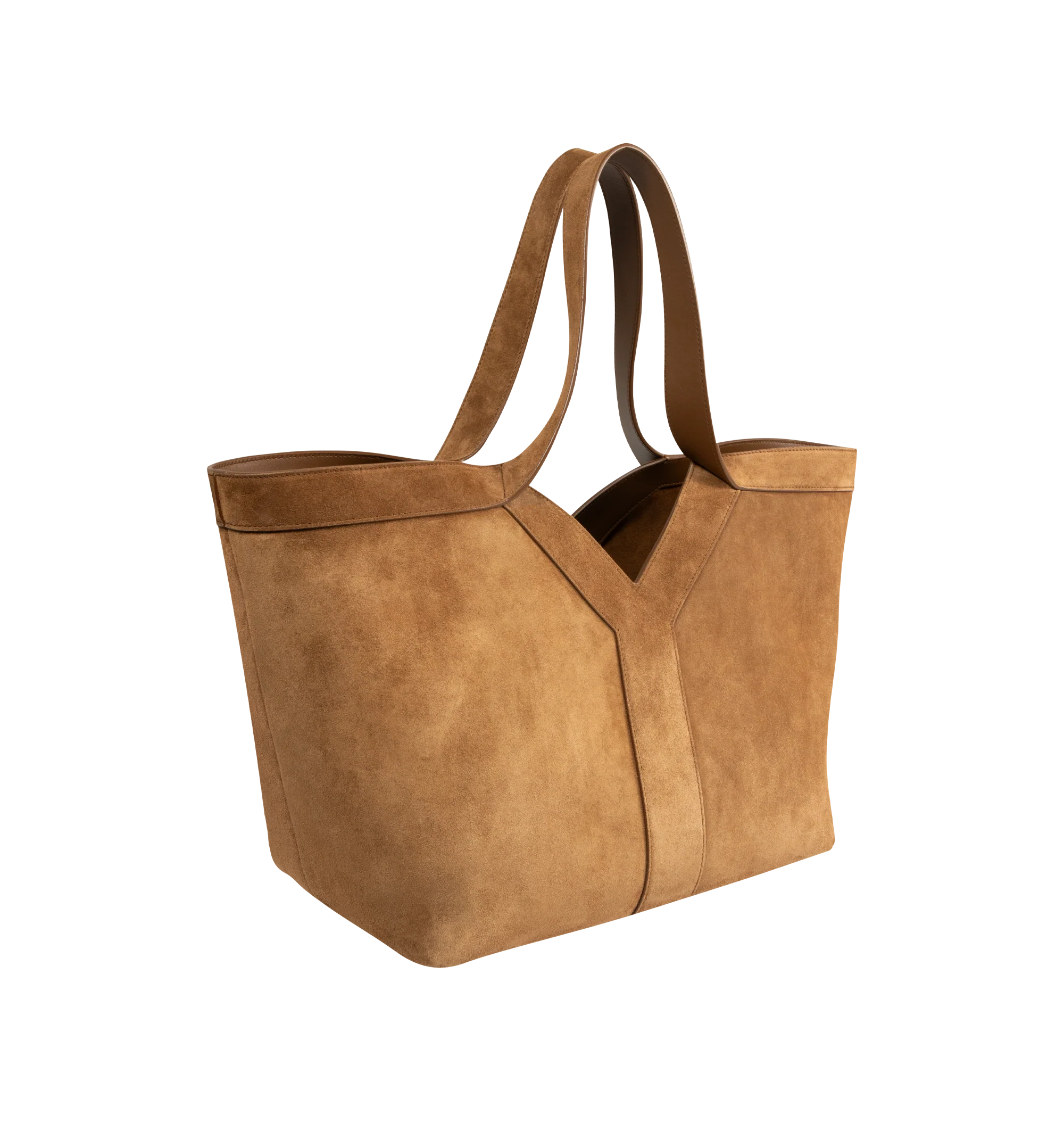 Image 2 of 4 - BROWN - SAINT LAURENT Y Small Tote in suede featuring small version of the Y tote in finely grained leather, ultra-lightweight bag, subtle Y signature stitching, lined in tonal leather, zip pocket, hook closure, one zip pocket and one keyring carabiner tab. 11.4" x 9.4" x 6.5". Calfskin. Made in Italy.