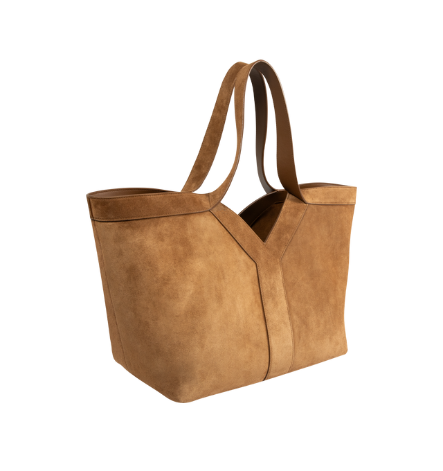 Image 2 of 3 - BROWN - SAINT LAURENT Y Small Tote in suede featuring small version of the Y tote in finely grained leather, ultra-lightweight bag, subtle Y signature stitching, lined in tonal leather, zip pocket, hook closure, one zip pocket and one keyring carabiner tab. 11.4" x 9.4" x 6.5". Calfskin. Made in Italy. 