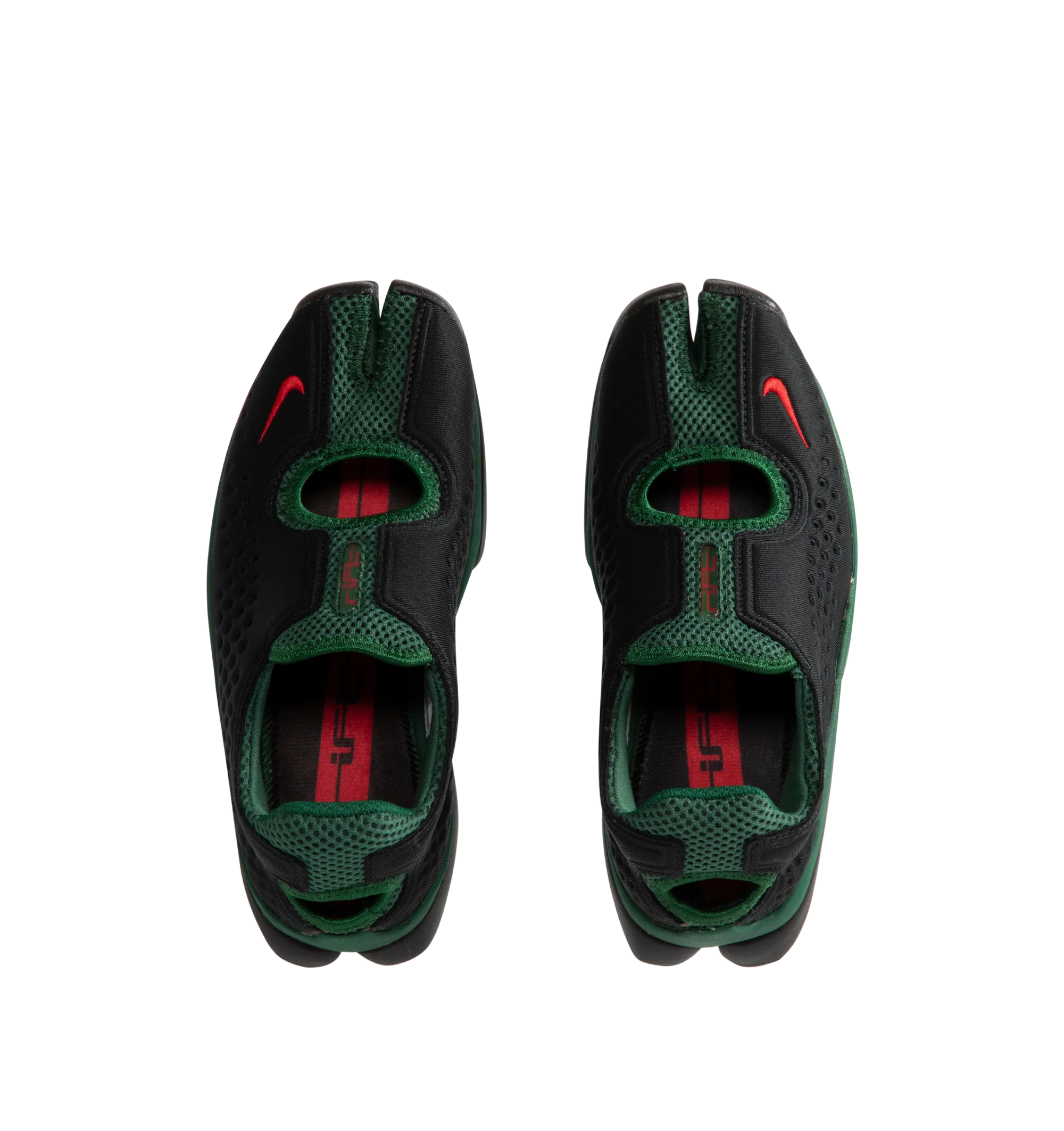 Image 5 of 5 - BLACK - Nike Women's Air Rift 2 Kenya Sneakers reinterpret the iconic split-toe silhouette with a colorway inspired by Kenya and its renowned running heritage. Designed in black, Fire Red, and Team Dark Green, these sneakers reference the colors of the Kenyan flag while honoring the barefoot running traditions that originally influenced the Air Rift design. The updated Air Rift 2 construction retains the distinctive split-toe profile and natural-motion-inspired shape while refining the origin