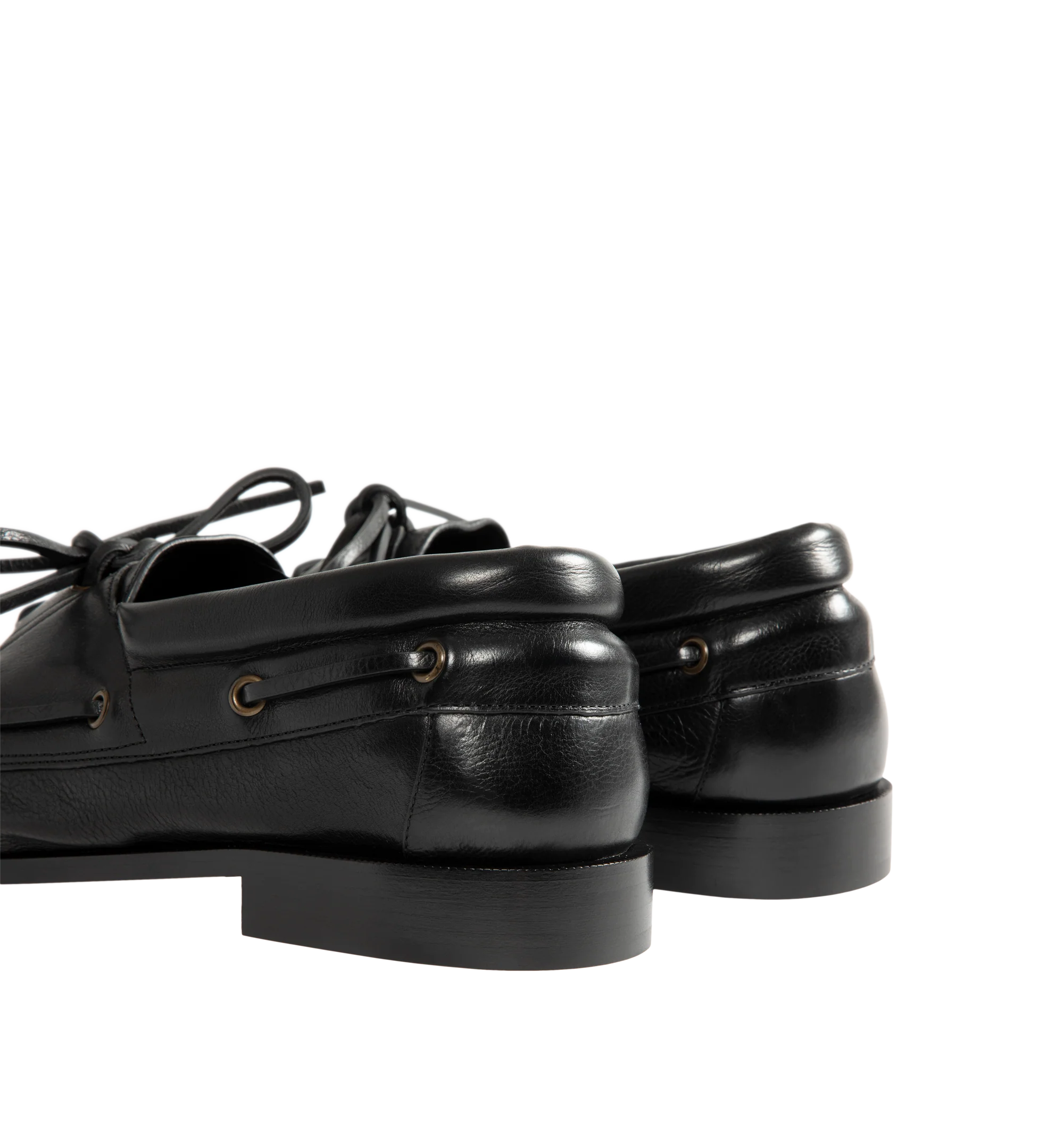 Image 3 of 4 - BLACK - Saint Laurent Mens Boat Shoes are crafted from metal-free tanned calfskin leather. Feature a lace-up boat shoe silhouette, hand-stitched moc toe, gold-tone CASSANDRE hardware, leather sole, and 1.5 cm heel height. Main Material: Calfskin Leather; Hardware: Brass; Sole: Leather. Made in Italy.