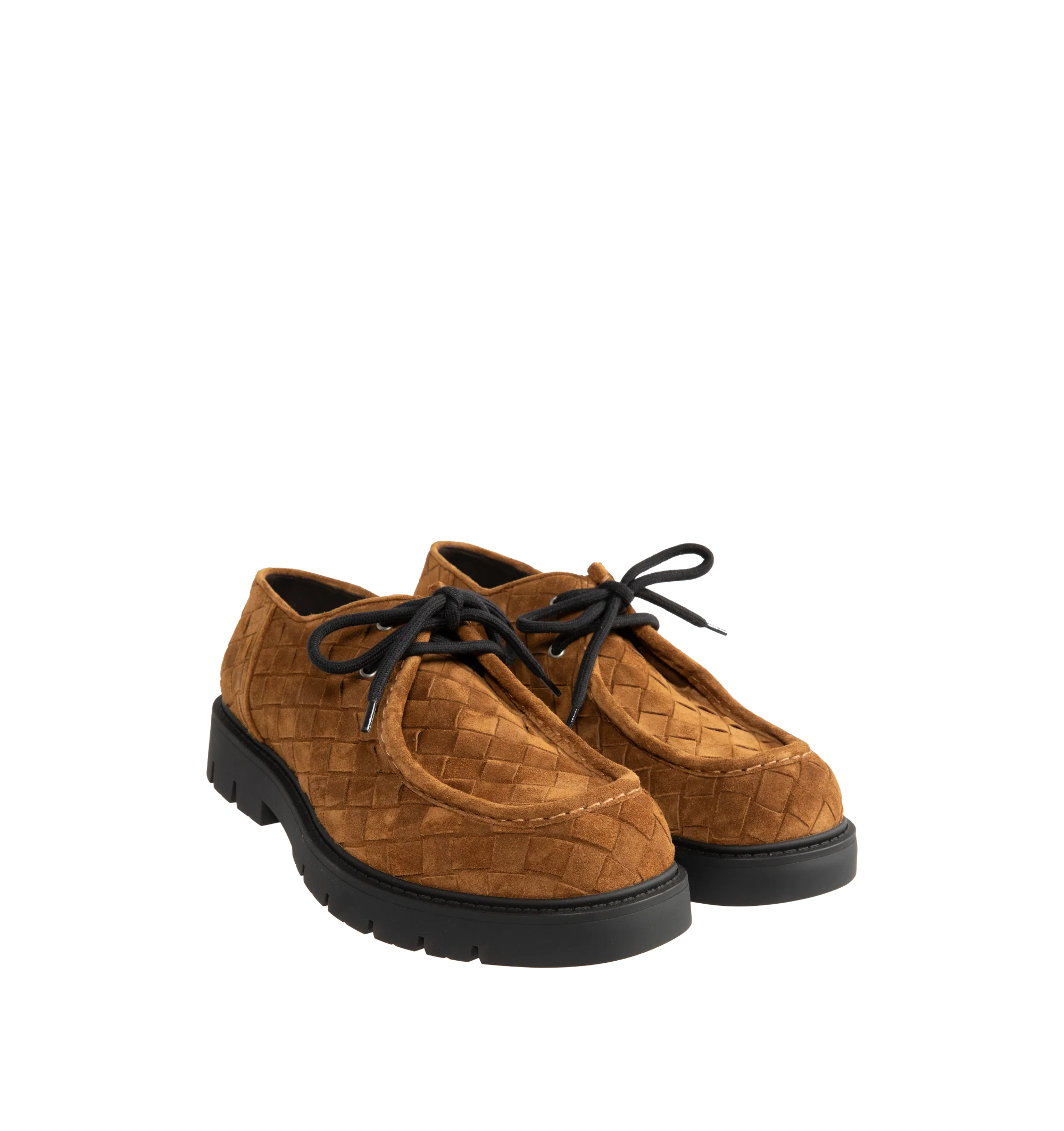Image 2 of 4 - BROWN - Bottega Veneta Men's Haddock Lace-Up Shoe in smooth suede with all-over Intrecciato craftsmanship. Upper and lining: calfskin suede leather. Rubber outsole. Made in Italy.