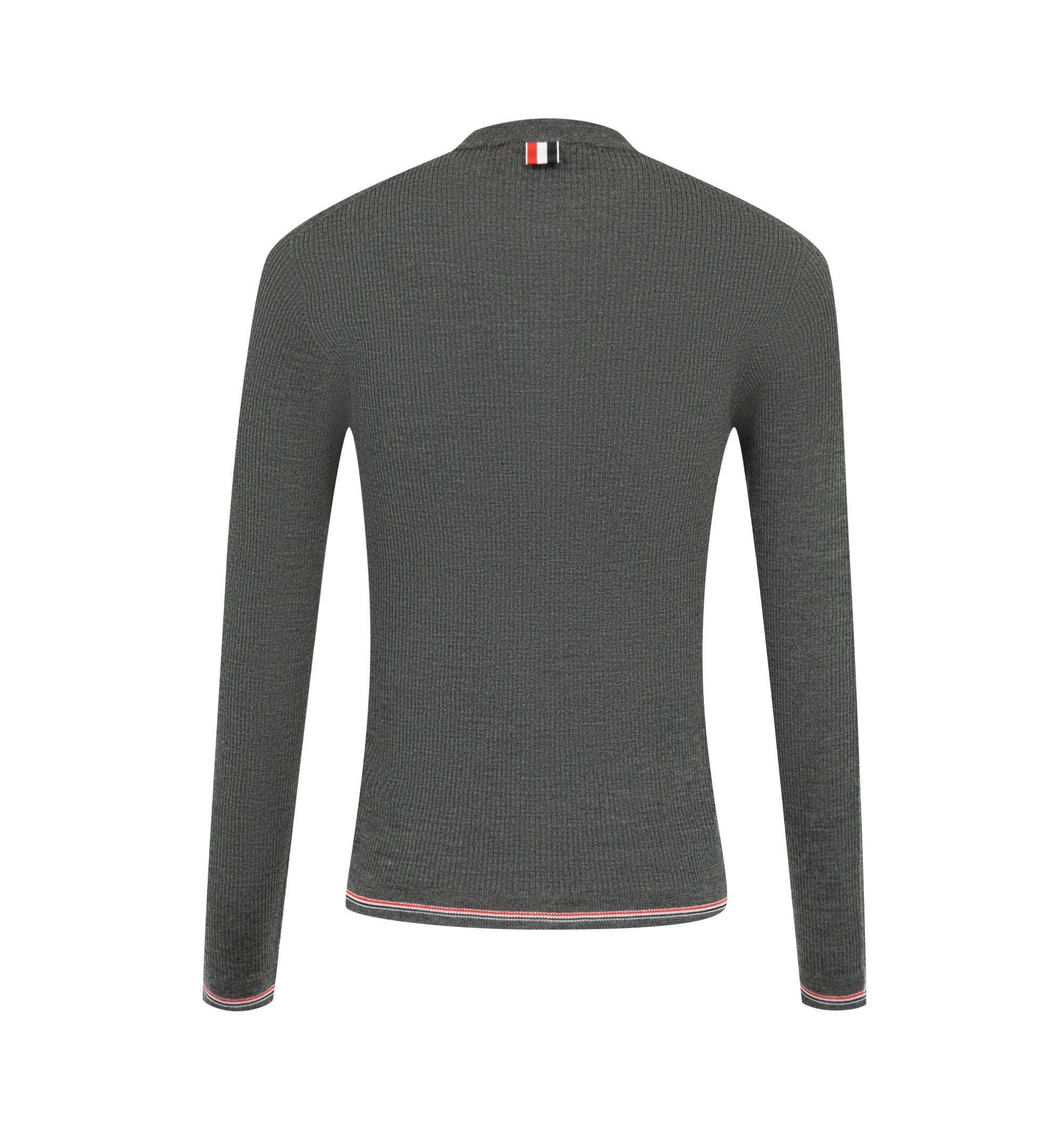 Image 2 of 2 - GREY - Thom Browne Womens Fine Merino Wool Cardigan is crafted from fine-gauge merino wool and features a front button closure, finely ribbed neckline and placket, rib-knit cuffs and hem with signature RWB tipping, and the signature striped grosgrain loop tab. This designer wool cardigan combines lightweight knit construction with a timeless button-front silhouette for elevated everyday layering. Main Material: 100% Wool. Made in Italy.