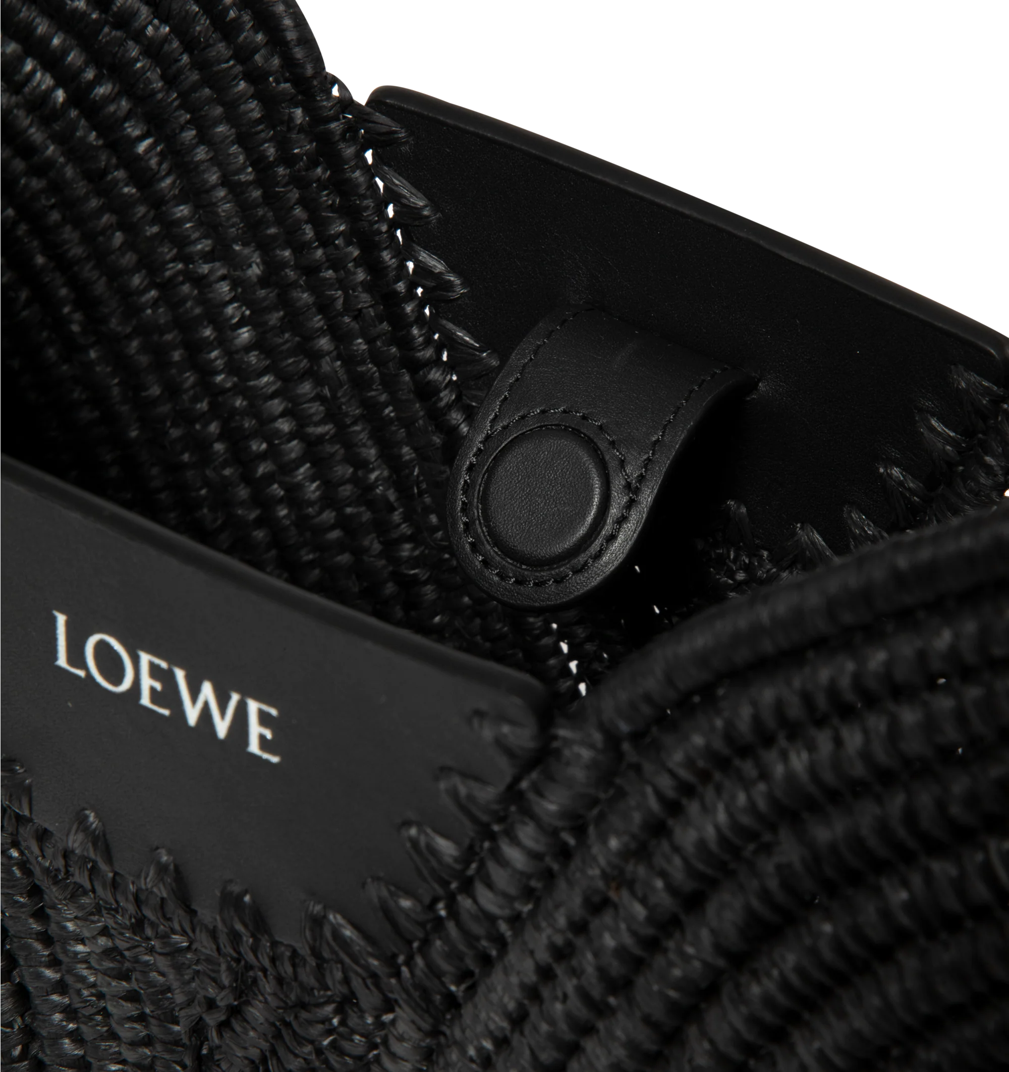 Image 3 of 3 - BLACK - Loewe Womens Swing Bag is crafted from raffia with calfskin trim. Features a fortune cookie silhouette, adjustable shoulder and crossbody strap, magnetic closure, handcrafted Canutillo detailing, signature buckle, unlined interior, and embossed LOEWE logo. Dimensions: 35 22 11 cm; Strap Length: 1797 cm; Strap Drop: 653 cm. Main Material: Raffia, Calfskin. Made in Spain.
