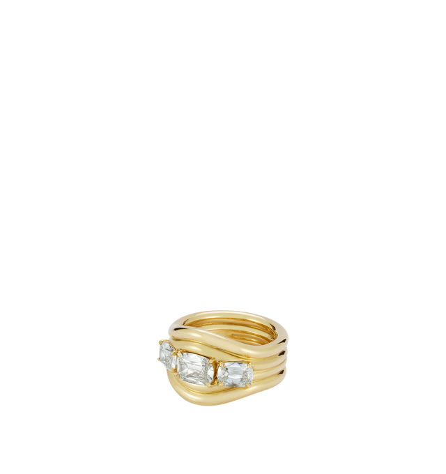 Image 1 of 2 - GOLD - JEMMA WYNNE FORME Three-Stone Diamond Cushion Contour Ring featuring 18k Yellow Gold, One of a Kind, Diamond Cushions - 2cts. Cheap Luxury Handbag Shop offers a range of initial pieces from this collection in-store. For personal consultation and detailed information about jewelry, please contact our dedicated stylist team at personalshopping@hirshleifers.com. This item may be restricted for online purchase to international clients. For assistance purchasing this item please contact our dedicated st