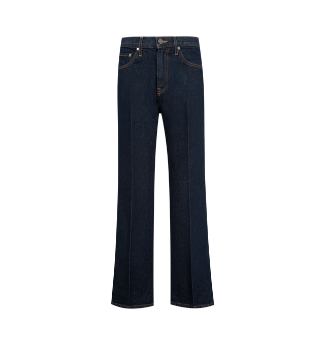 Image 1 of 3 - BLUE - KHAITE Clara Jean featuring a 70s-inspired cropped flare, mid-rise silhouette, squared and sleek lines and a signature button of antiqued nickel. 100% cotton.