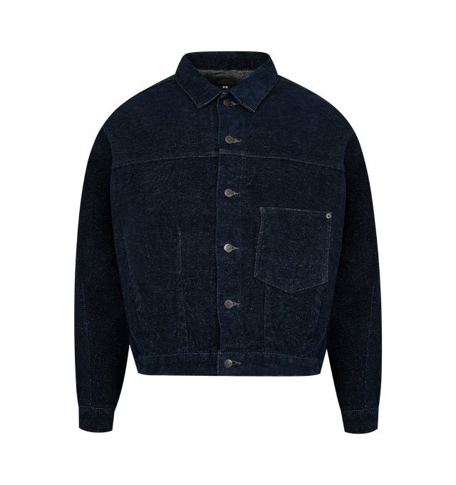 Image 1 of 2 - NAVY - NEEDLES Darts Bottom Jean Jacket featuring an authentic denim jacket design, darts at the front, back hems, a three-dimensional, puffed-out effect, chenille weaving and button front closure. 56% cotton, 44% paper. Made in Japan.