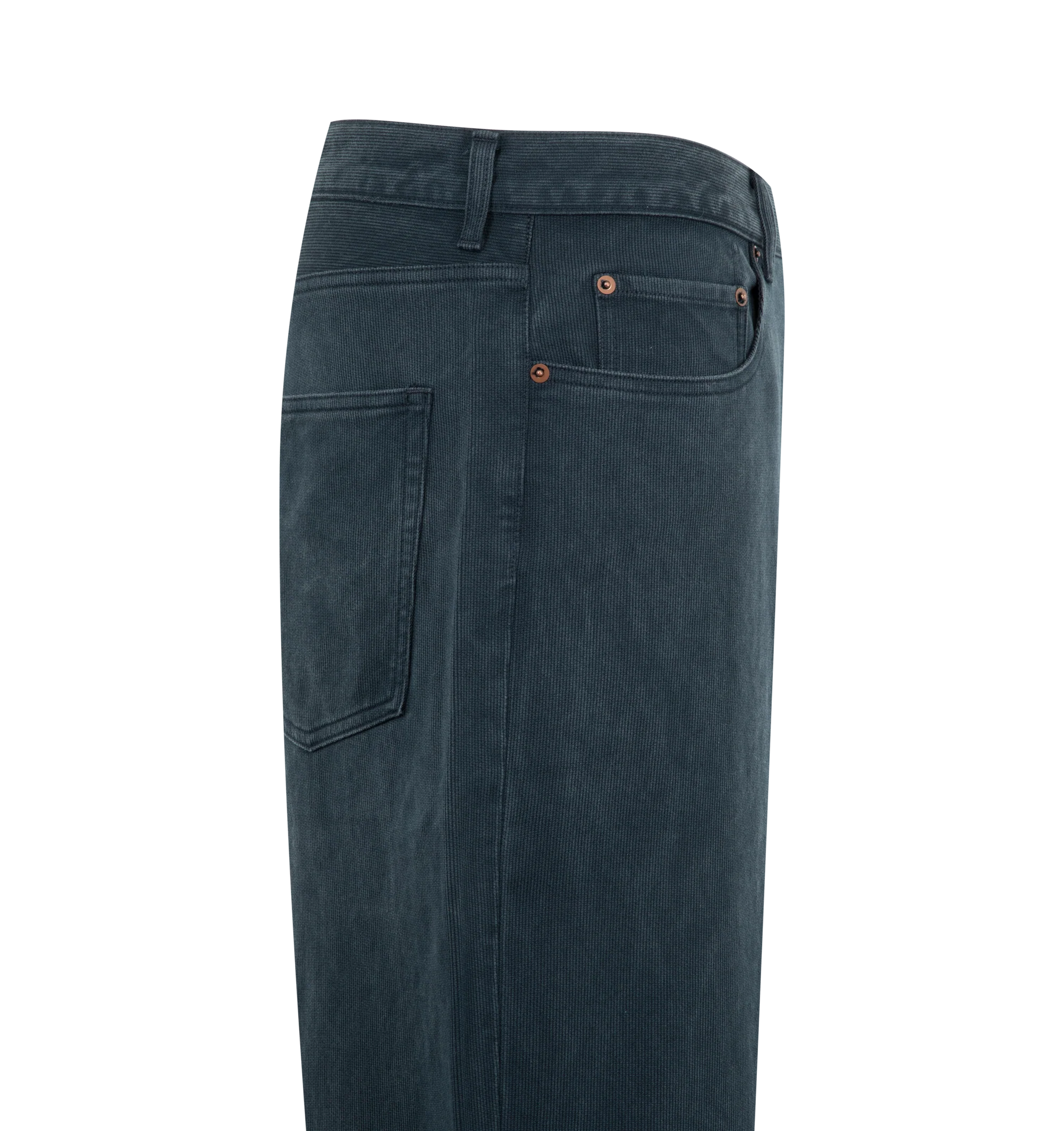 Image 3 of 3 - BLUE - A.Presse Men's Washed Silk Cotton Piqu Pants feature a wide tapered silhouette crafted from a washed silk and cotton piqu blend with a gently curved side seam, a slightly deeper rise, and a zip-fly closure with original iron tuck buttons. These designer trousers combine the breathable comfort of cotton with the smooth feel of silk, while vintage-inspired Japanese craftsmanship is showcased through densely woven silk-spun and cotton yarns that create a refined piqu texture. A naturally