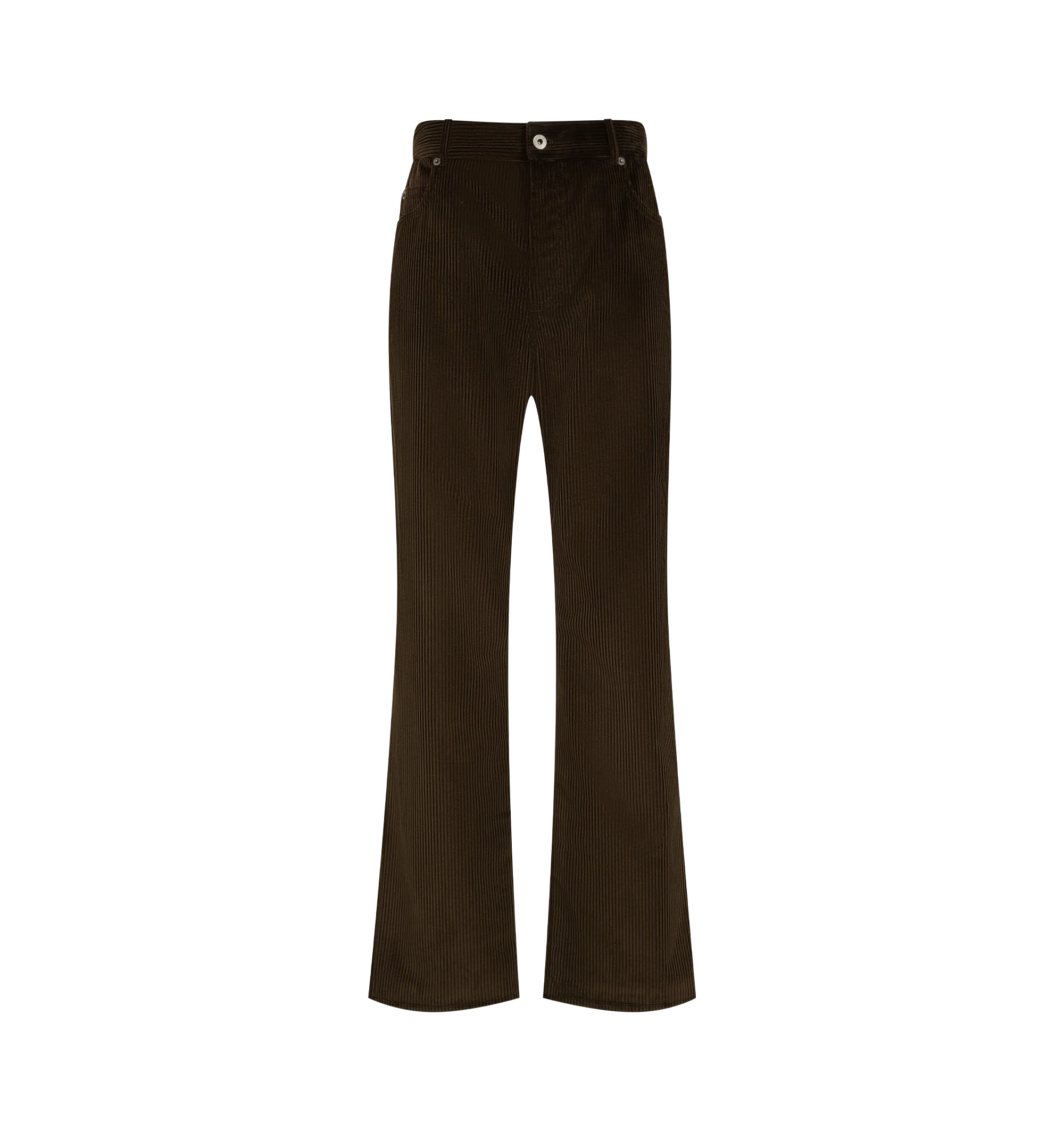 Image 1 of 3 - BROWN - Loewe Women's Trousers in Cotton Corduroy are crafted from medium-weight cotton corduroy and feature a regular fit with a regular length, mid waist, and straight-leg silhouette. Designed in a classic five-pocket style, they are finished with a button front fastening, concealed zip fly, and a debossed leather and suede 'LOEWE' patch at the back. Main Material: 100% Cotton. Made in Italy.