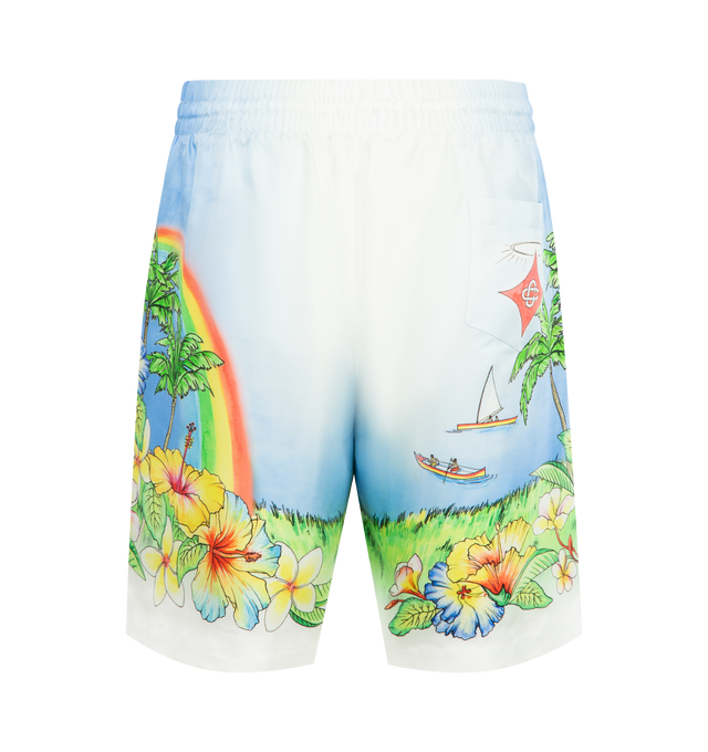 Image 2 of 3 - MULTI - CASABLANCA Aloha Printed Swim Shorts featuring a vibrant, painted depiction of Kauai, Hawaii, an elasticised waistband, side pockets and technical swim fabric construction. 100% polyester. Lining: 80% polyester 20% elastane. Made in Portugal. 
