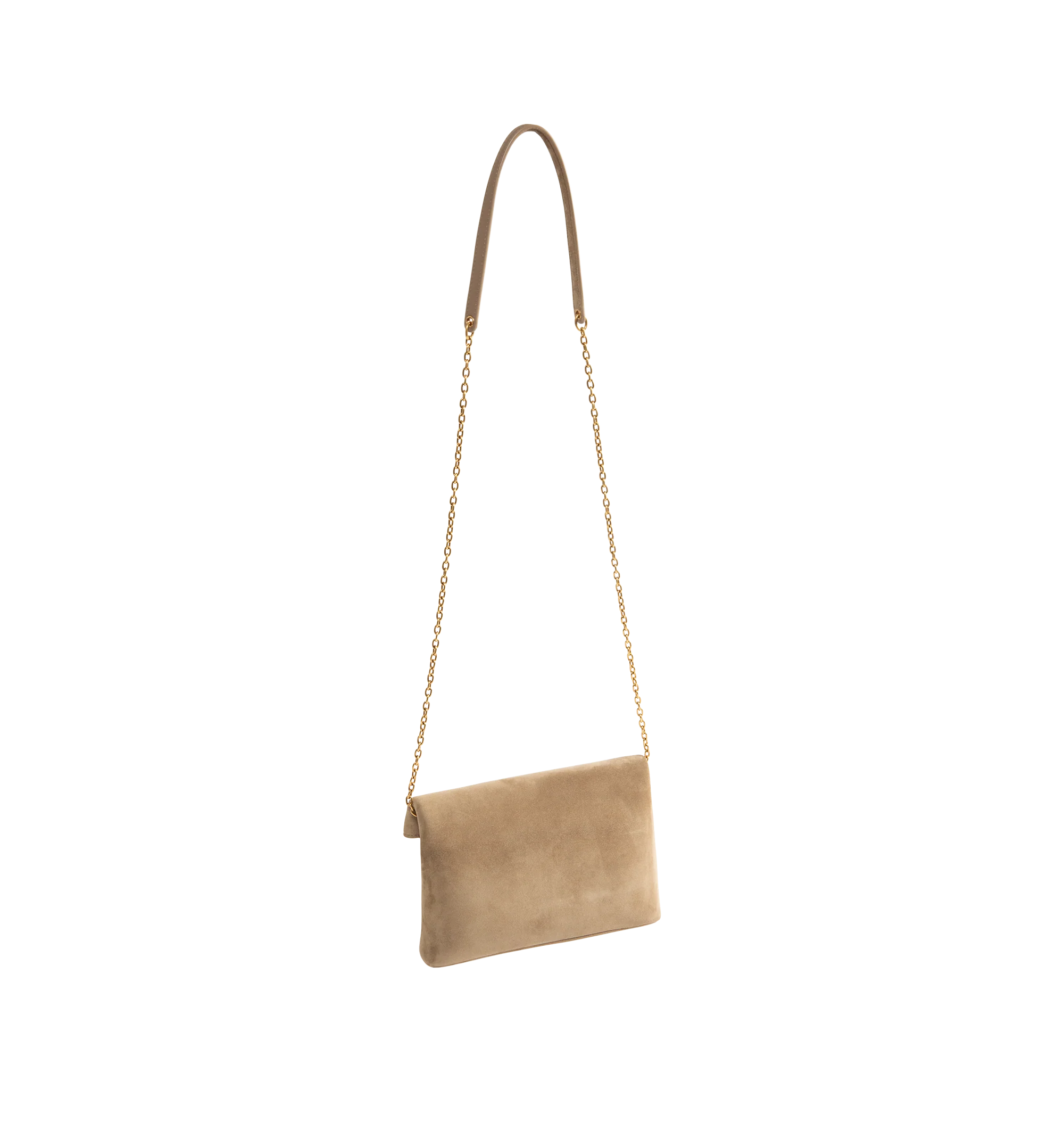 Image 2 of 3 - NEUTRAL - Saint Laurent Womens Chain Pouch is crafted from suede calfskin. Features signature Cassandre logo, magnetic closure, stowable cable-chain shoulder strap, leather lining, one interior card slot, bronze-tone hardware, and dimensions: 19 13 4.5 cm (7.5 5.1 1.8 in) with a 47 cm (18.5 in) strap drop. Main Material: Calfskin Leather; Lining: Leather; Hardware: Brass. Made in Italy.
