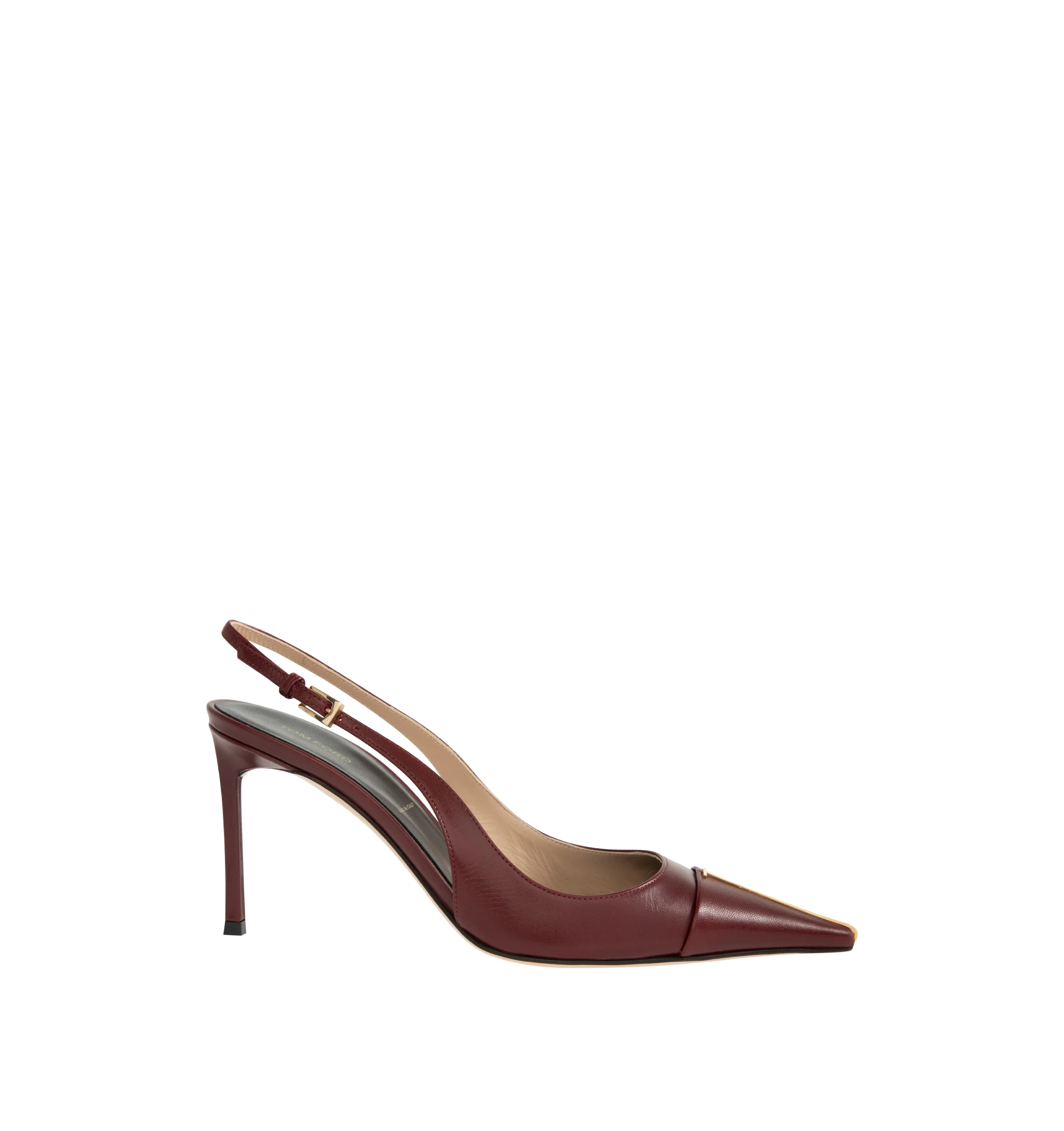 Image 1 of 4 - RED - Tom Ford Womens Thea Slingback Pumps are crafted from shiny goatskin leather. Feature an elongated pointed toe with signature pale gold-tone T metal detail, adjustable slingback strap, stiletto heel, and leather sole. Heel Height: 10.5 cm. Main Material: 100% Goatskin Leather; Sole: Leather. Made in Italy.