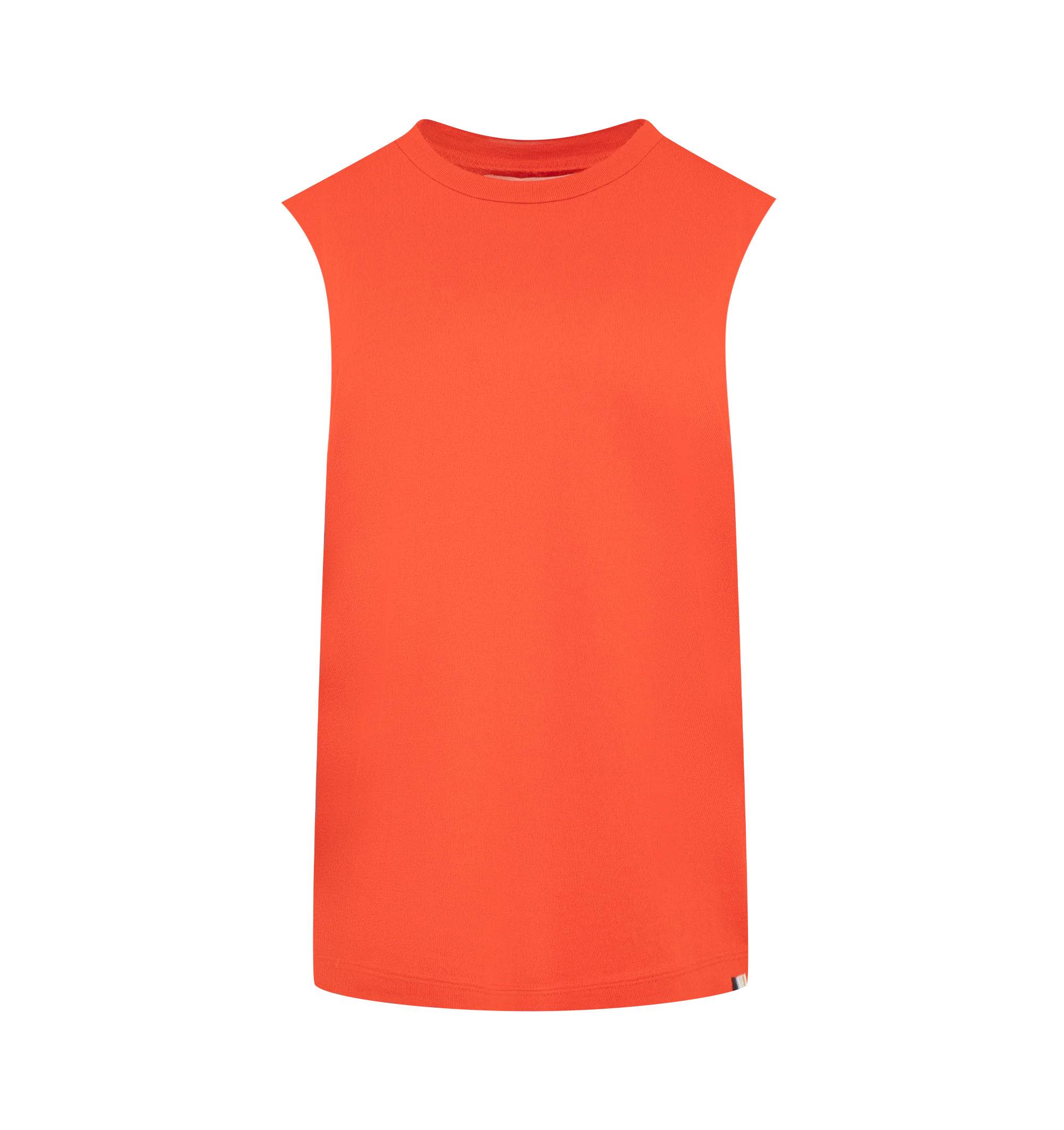 Image 1 of 2 - RED - Extreme Cashmere Women's N408 Muscle Tank Top is crafted from a lightweight cotton and cashmere blend and features a classic straight fit, crew neckline, sleeveless silhouette, and unfinished armhole edges for a modern, minimalist look. This designer knit tank top combines the breathable structure of cotton with the luxurious softness of cashmere, making it an effortless wardrobe essential for year-round layering. Main Material: 70% Cotton, 30% Cashmere.