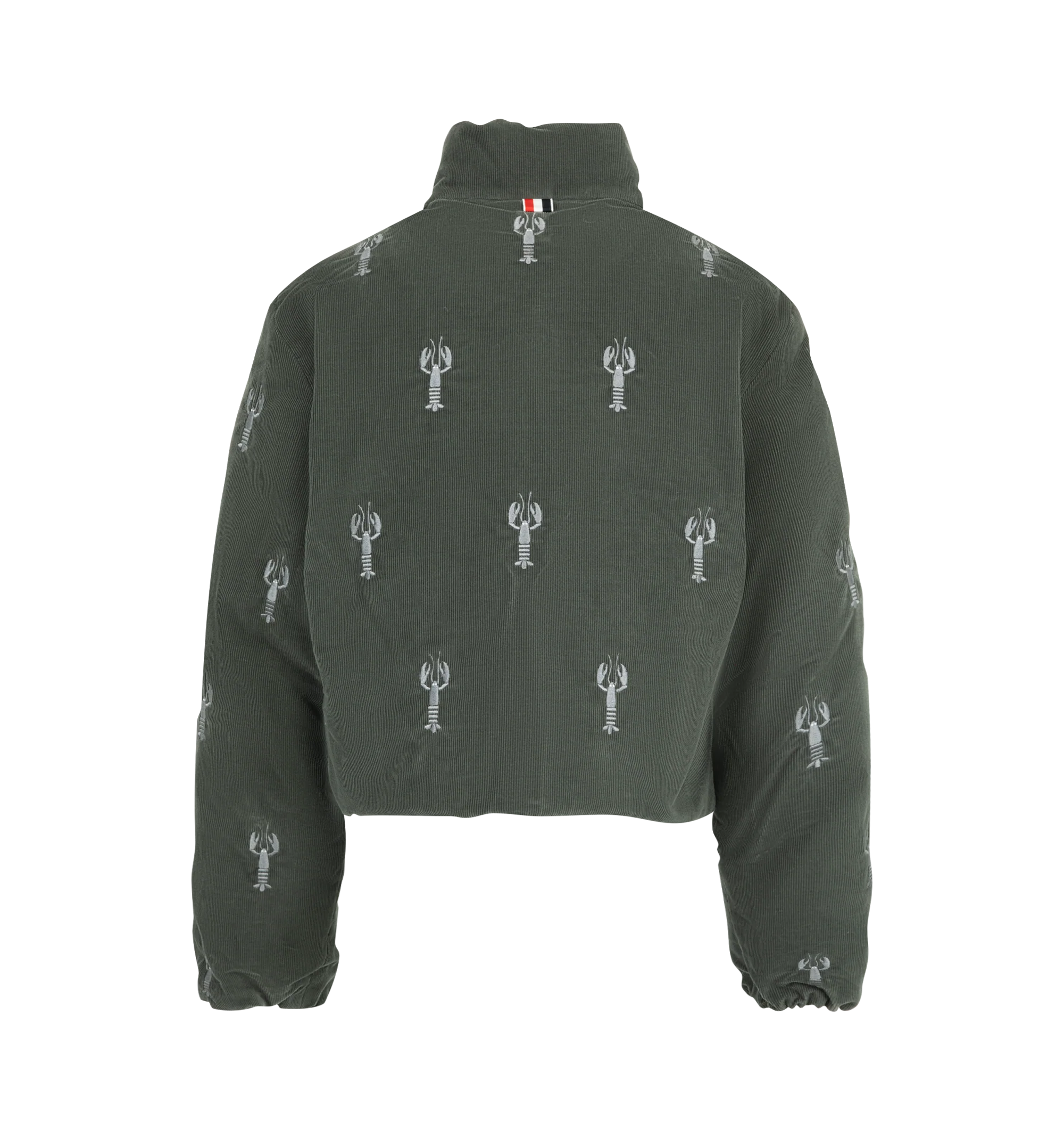 Image 2 of 3 - GREEN - Thom Browne Womens Reversible Cropped Down Jacket is crafted from cotton corduroy and features a reversible design, stand collar, two-way zip and snap-front closures, welt hand pockets, elasticized cuffs, drawcord hem, allover lobster embroidery, signature 4-bar detailing, and the signature striped grosgrain loop tab. This designer cropped puffer jacket combines lightweight goose down insulation with a versatile reversible silhouette for elevated everyday layering. Main Material: 100%