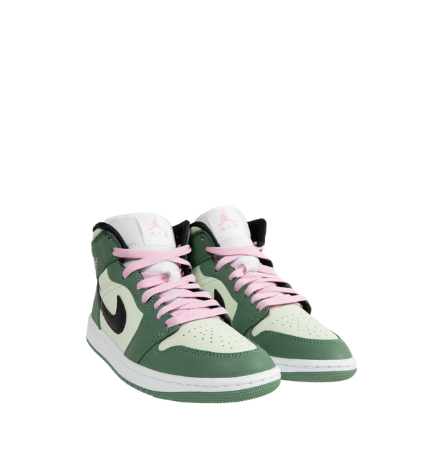 Image 2 of 5 - GREEN - JORDAN Air Jordan 1 Mid SE Sneaker featuring textile and leather upper, lace-up front closure, padded tongue and collar and rubber sole.