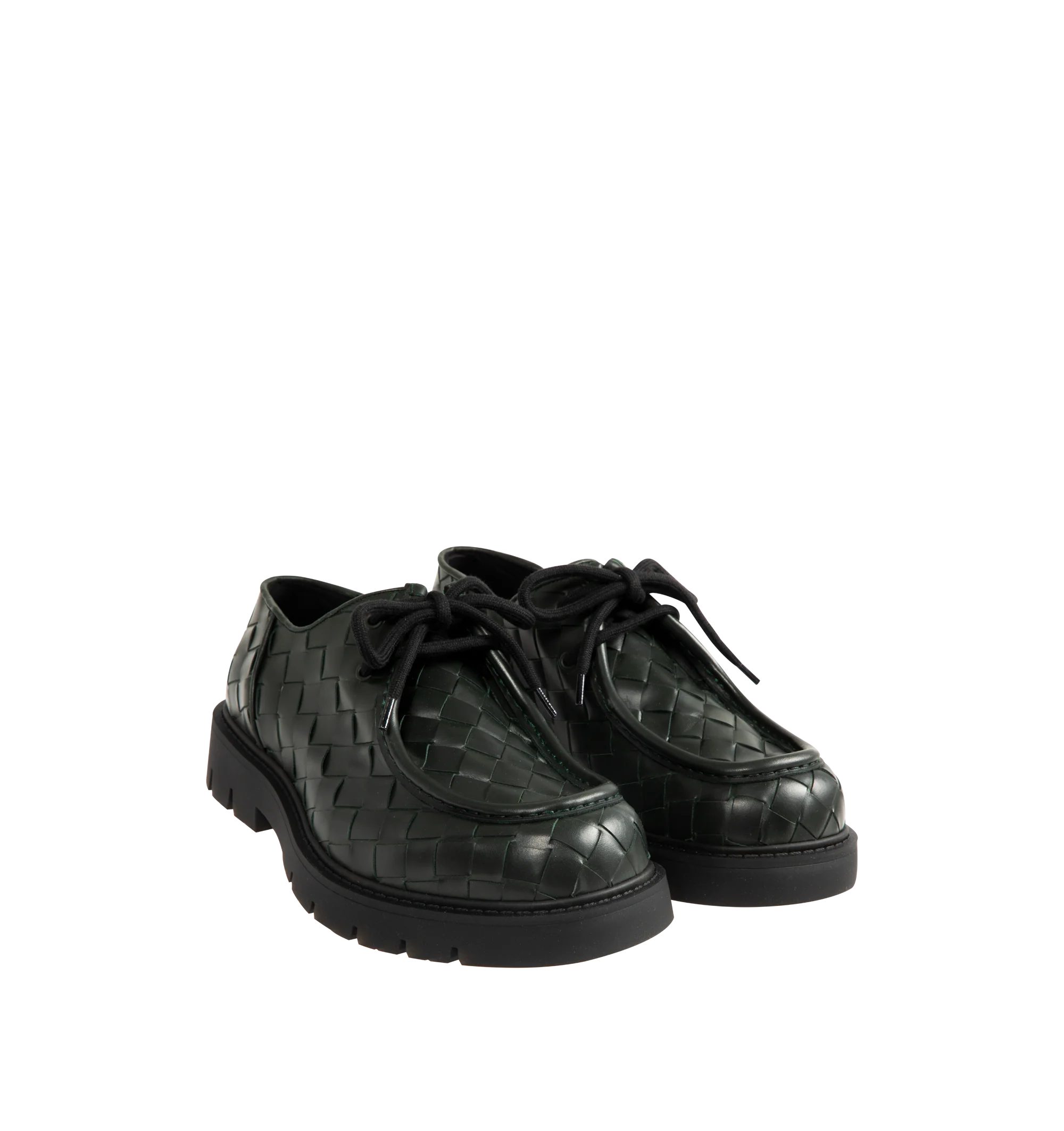 Image 2 of 4 - GREEN - Bottega Veneta Men's Haddock Dark Green Lace-Up Shoe in smooth calfskin with all-over Intrecciato craftsmanship. Upper and lining: calfskin leather. Rubber outsole. Made in Italy.