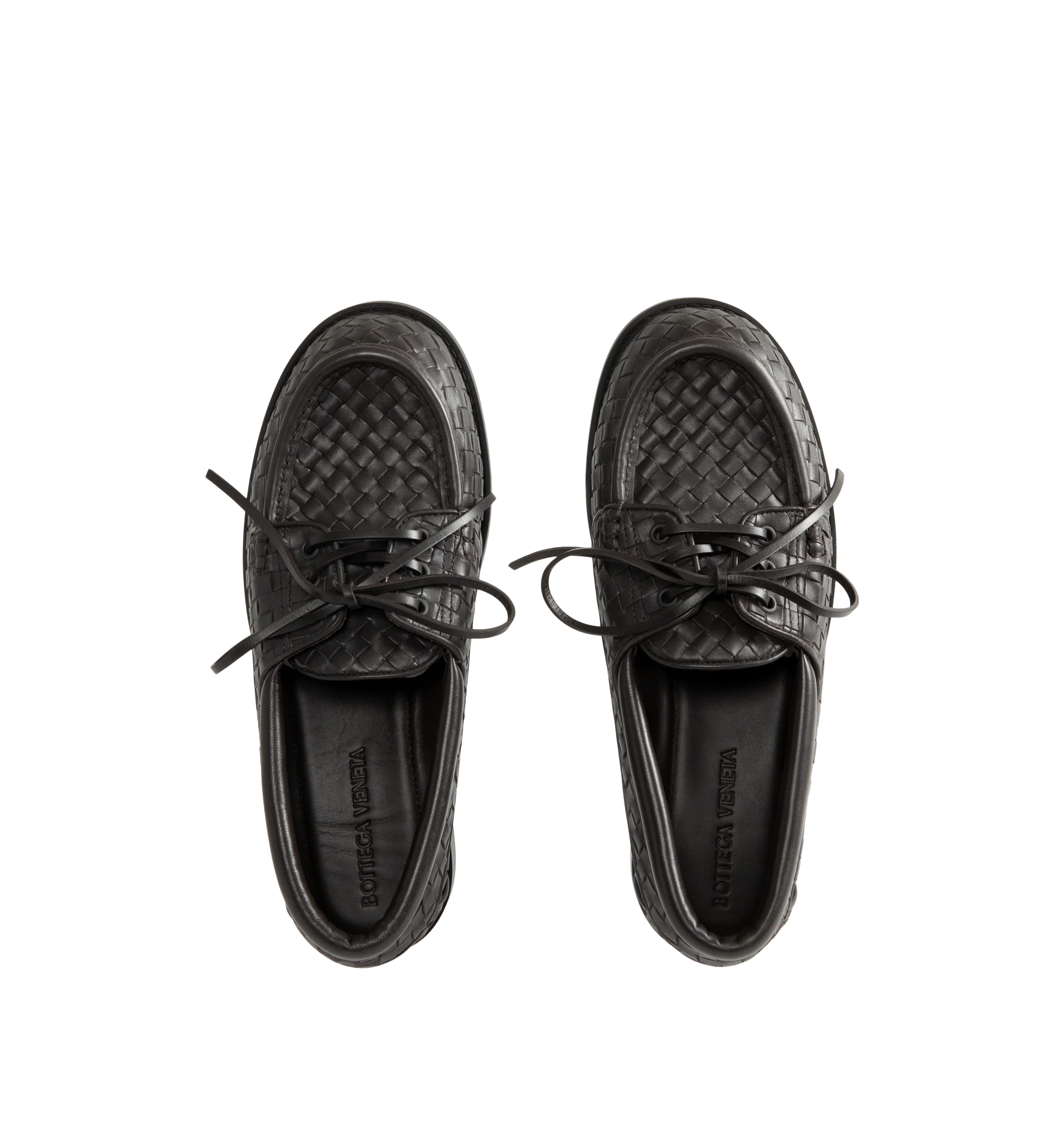 Image 4 of 4 - BROWN - Bottega Veneta Mens Intrecciato Boat Shoes are crafted from Intrecciato calfskin leather. Feature a lace-up boat shoe silhouette, calfskin lining, rubber outsole, and flat heel. Main Material: Calfskin Leather; Lining: Calfskin Leather; Sole: Rubber. Made in Italy.