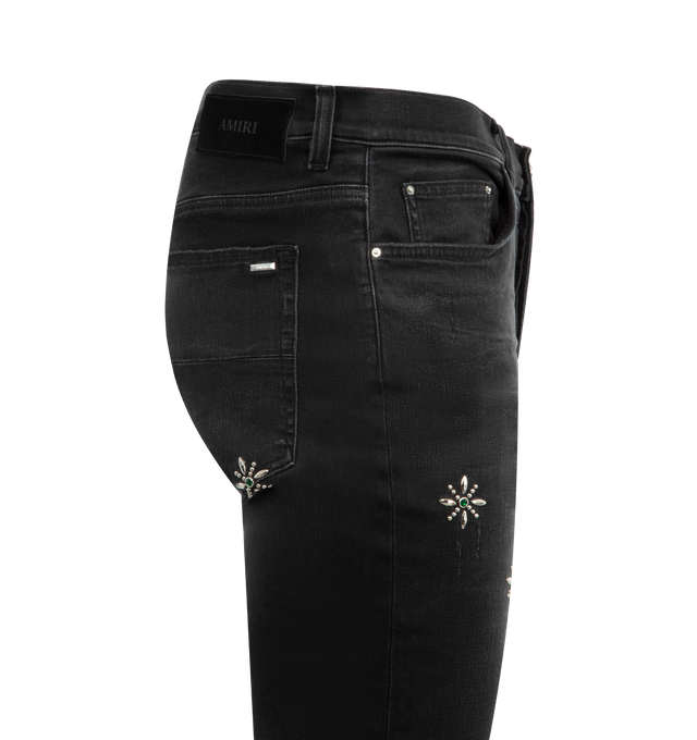 Image 3 of 3 - BLACK - AMIRI Stud MX1 Jean featuring stretch denim, stud detailing, hand-distressed, repaired with pleated ultrasuede, and finished with classic five-pocket detailing. 92% cotton, 6% elastomultiester, 2% elastane.