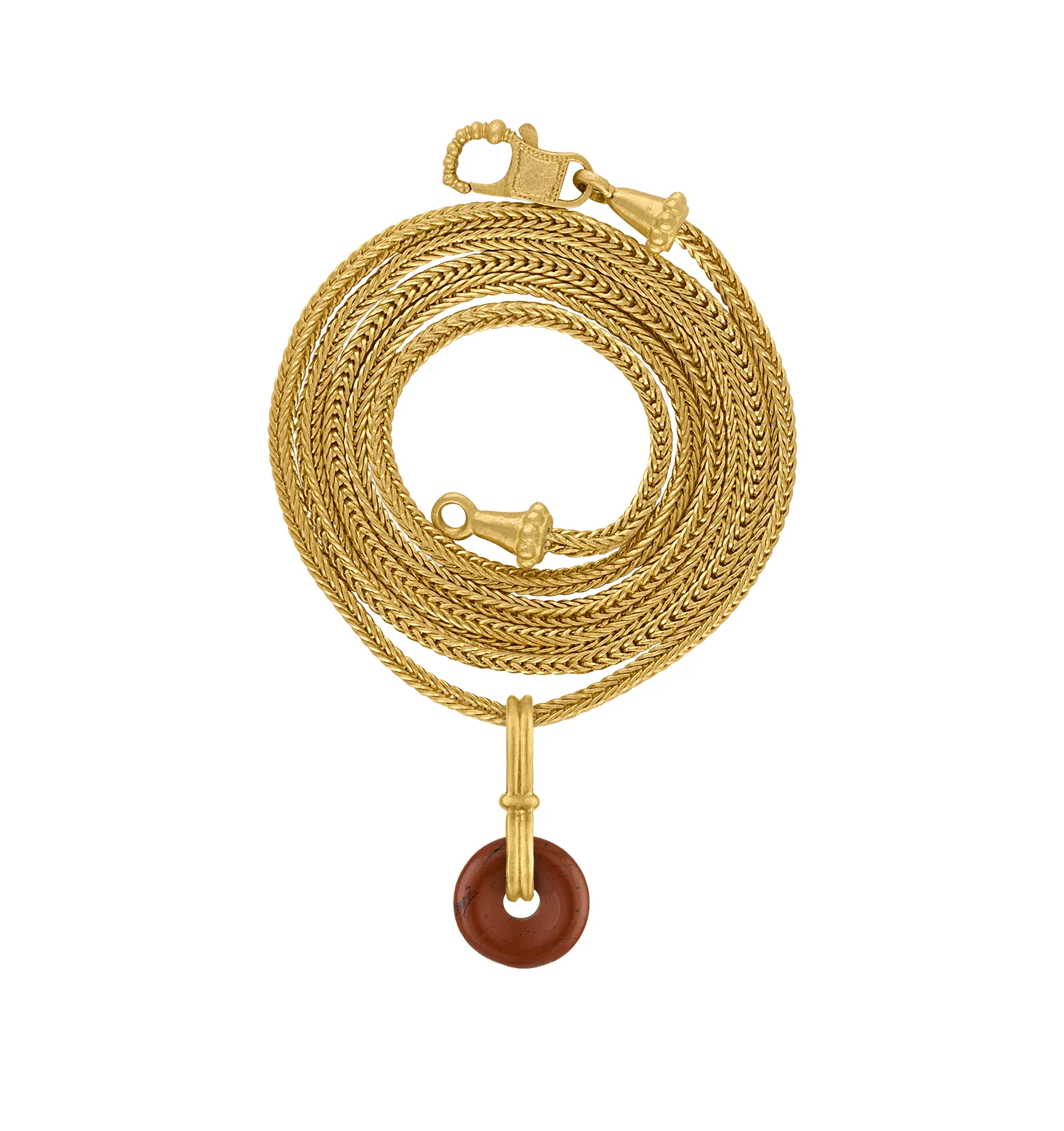 Image 3 of 4 - RED - Prounis Baby Red Jasper Discus Pendant is handcrafted from 22K yellow gold and features a jasper disc suspended on a vertical double-bail design inspired by the wheel. Handmade in New York. For personal consultation and detailed information about jewelry, please contact our dedicated stylist team at personalshopping@hirshleifers.com.This item may be restricted for online purchase to international clients. For assistance purchasing this item please contact our dedicated stylist team at p