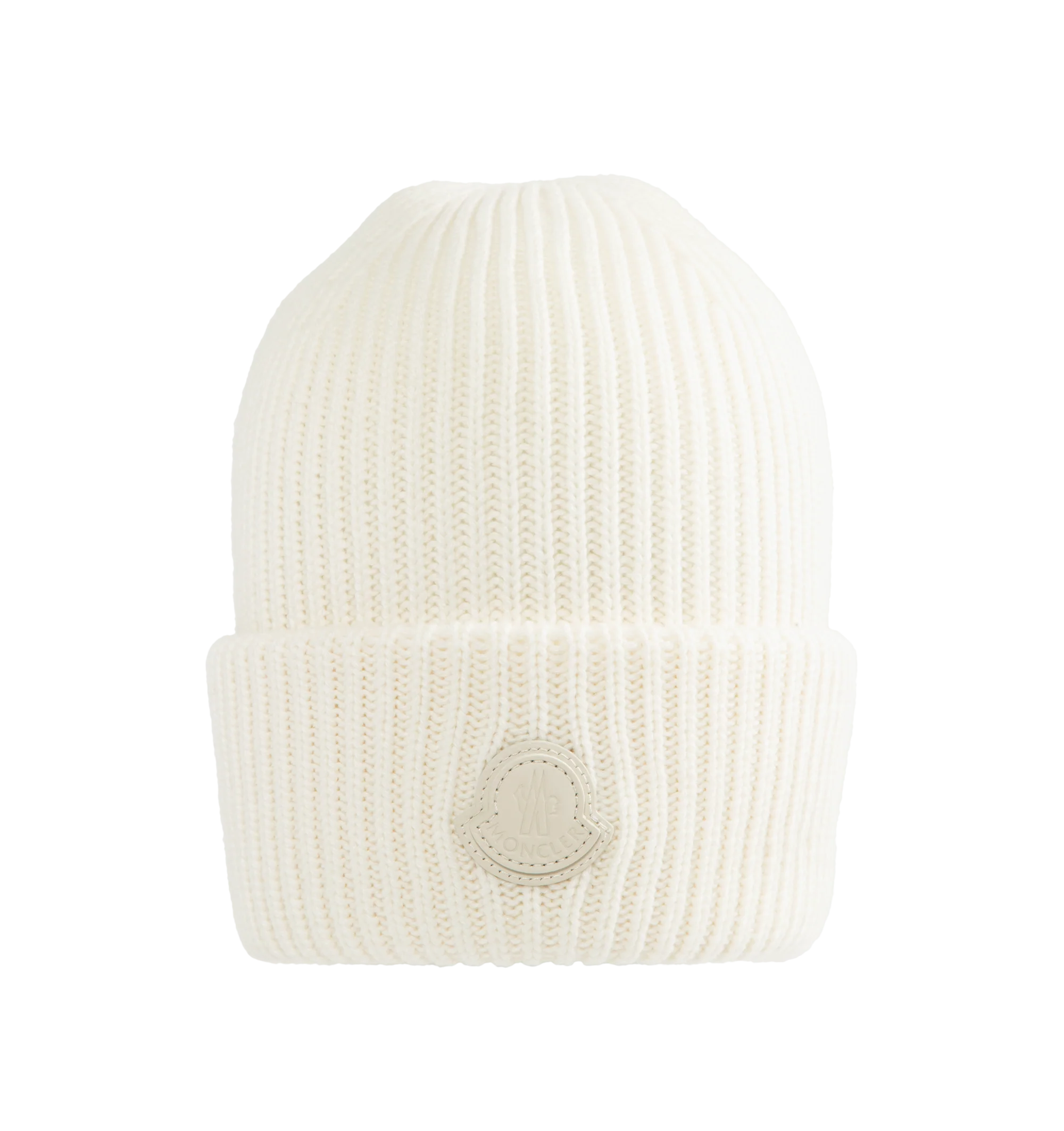 Image 1 of 2 - WHITE - Moncler Leather Logo Cashmere Beanie is crafted from luxurious cashmere, offering exceptional softness, warmth, and lightweight comfort. Finished with a signature leather logo patch, this refined cold-weather accessory delivers timeless style and understated sophistication. Material: 100% Cashmere