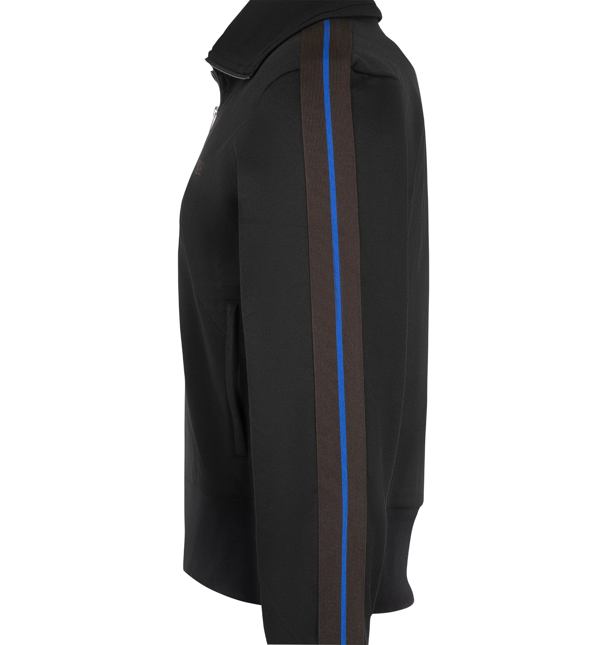 Image 3 of 3 - BLACK - Wales Bonner Men's Form Track Jacket features a streamlined sportswear-inspired silhouette with a piqu texture, front zip fastening, long sleeves, pointed collar, elasticated cuffs, and an elasticated hem. Composition: Outer: Polyester 56%, Cotton 39%, Elastane 5%; Lining: Organic Cotton 100%. Made in Portugal.