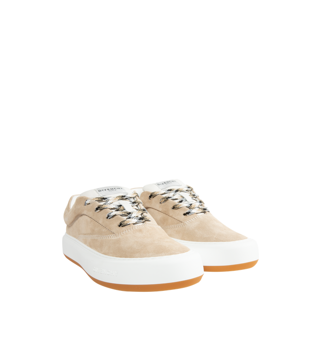 Image 2 of 5 - NEUTRAL - GIVENCHY New City Sneakers featuring suede upper, low top sneakers, logo throughout, lace up closure and gum rubber sole. 