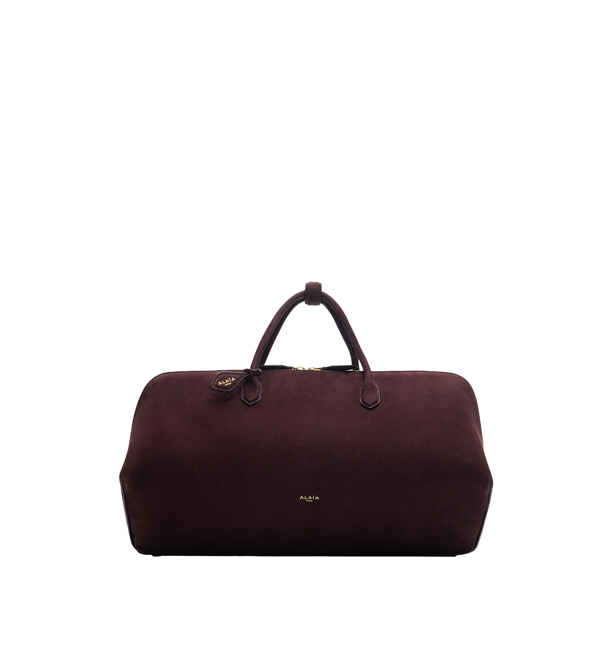 Image 1 of 1 - BROWN - Alaa Women's Delta Medium Bag is crafted from soft nubuck calfskin leather and features a sculptural top-handle silhouette with elongated proportions, clean square lines, a double zip closure, and a front gusset for organized storage. Finished with a decorative branded tie and designed for hand carry, this designer leather handbag showcases Alaa's signature architectural aesthetic with exceptional Italian craftsmanship. Main Material: 100% Calf Leather. Dimensions: 40 x 16 x 15 cm. Fi