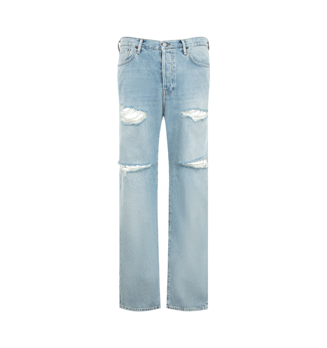 Image 1 of 3 - BLUE - Acne Studios Mens 1996 Jeans are crafted from non-stretch cotton denim. Feature a regular fit, mid-rise waist, straight leg, light blue vintage wash, distressed detailing, button fly, and leather logo patch at the back. Main Material: 100% Cotton; Made with organically grown cotton. Made in Portugal.
