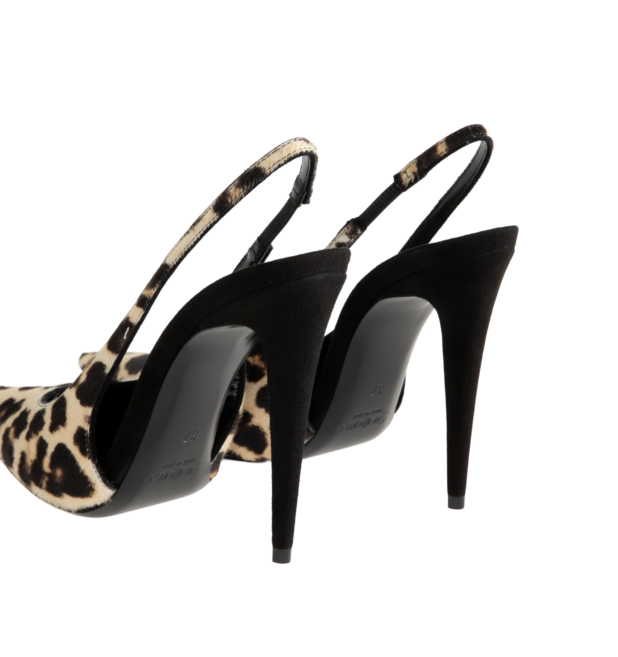 Image 3 of 4 - MULTI - GUERMANTES slingback pumps in pony-hair leather. Saint Laurent Womens Slingback Pumps are crafted from calfskin, goatskin, and lambskin leather. Feature a leopard-print finish, pointed toe, elasticized slingback strap, covered stiletto heel, leather sole, and 11 cm heel height. Main Material: Calfskin, Goatskin, Lambskin; Sole: Leather. Made in Italy. 