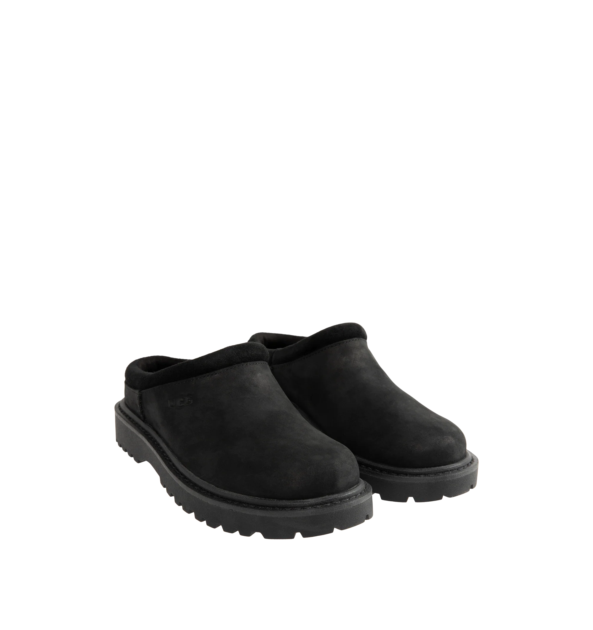Image 2 of 4 - BLACK - UGG Men's Birch Clog II is crafted from premium suede and features a slip-on clog silhouette with a soft lining and cushioned footbed for exceptional everyday comfort. These designer clogs combine UGG's signature cozy feel with durable construction, making them a versatile choice for both indoor and outdoor wear. Main Material: Suede. Lining: Soft Textile. Sole: Rubber. 