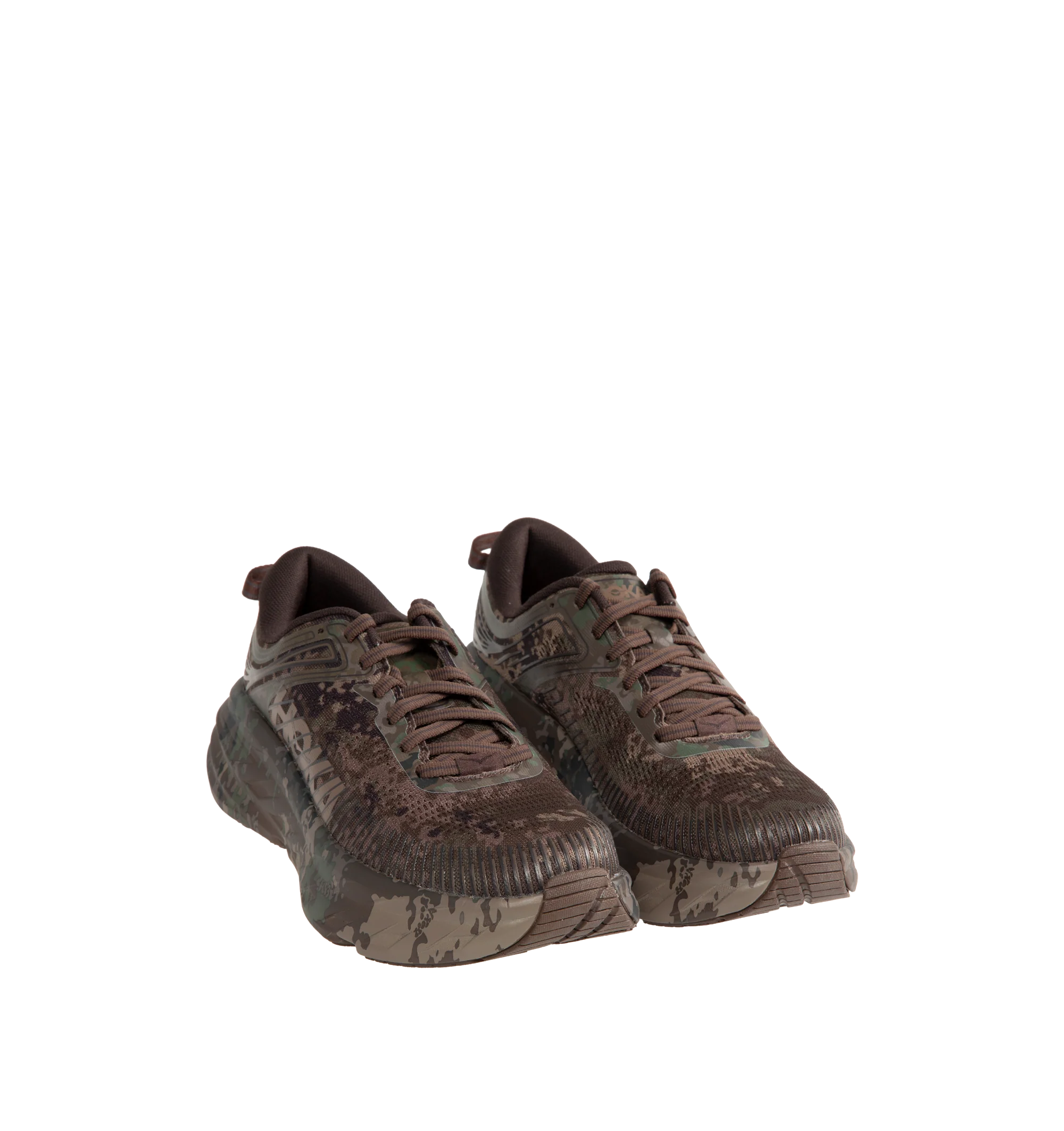 Image 2 of 5 - BROWN - Hoka Unisex Bondi 7 Beams Sneakers reinterpret the ultra-cushioned silhouette with a custom camouflage upper inspired by Japanese Zen gardens. The vegan open-mesh construction features a memory foam collar, TPU overlays, 3D-printed logos, a reflective secondary lace, and a lace keeper. Upper: Vegan Mesh and TPU. *Unisex style in men's sizing.