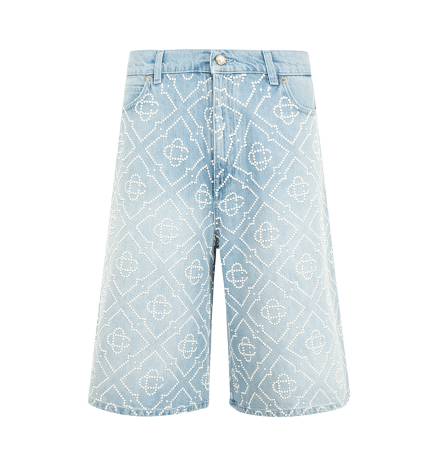 Image 1 of 3 - BLUE - CASABLANCA Pearl Denim Shorts featiring zip fly with button closure, belt loops, five-pocket style, silver-tone hardware, baggy silhouette and pearl detail throughout. 100% cotton. Made in Portugal.