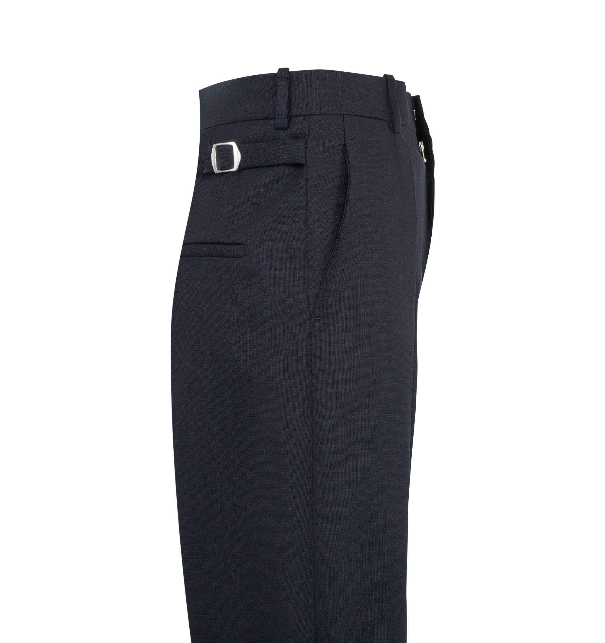 Image 3 of 3 - NAVY - Bottega Veneta Women's Trousers are crafted from Shetland wool and feature a tailored straight-leg silhouette. Designed with a mid-rise waist, belt loops, adjustable hip straps, and a zip, hook-and-eye closure, they are finished with slanted side pockets, rear welt pockets, and a center back vent. Main Material: 100% Wool. Lining: 100% Cotton. Color: Midnight Blue. Made in Italy.