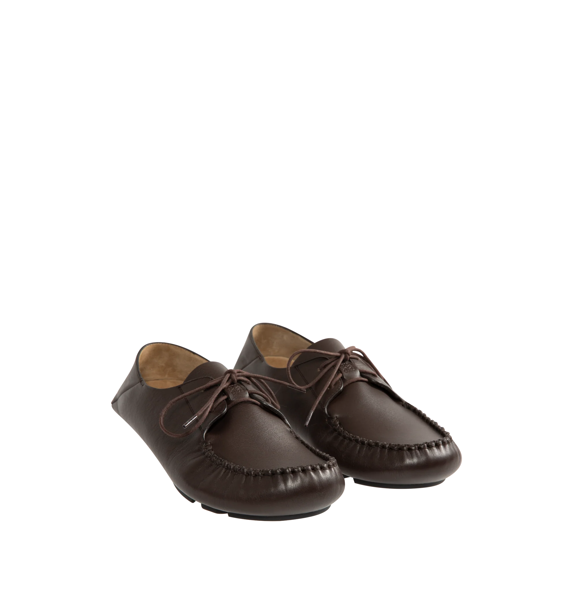 Image 2 of 4 - BROWN - Loewe Boat shoe in soft calfskin made in a classic moccasin construction, featuring a round toe shape, waxed laces and hand-stitched details around the upper. Square lace closure, embossed Anagram on the upper, padded leather insole, suede lining, injected rubber outsole with Anagram cut-out detail. Made in Italy. 