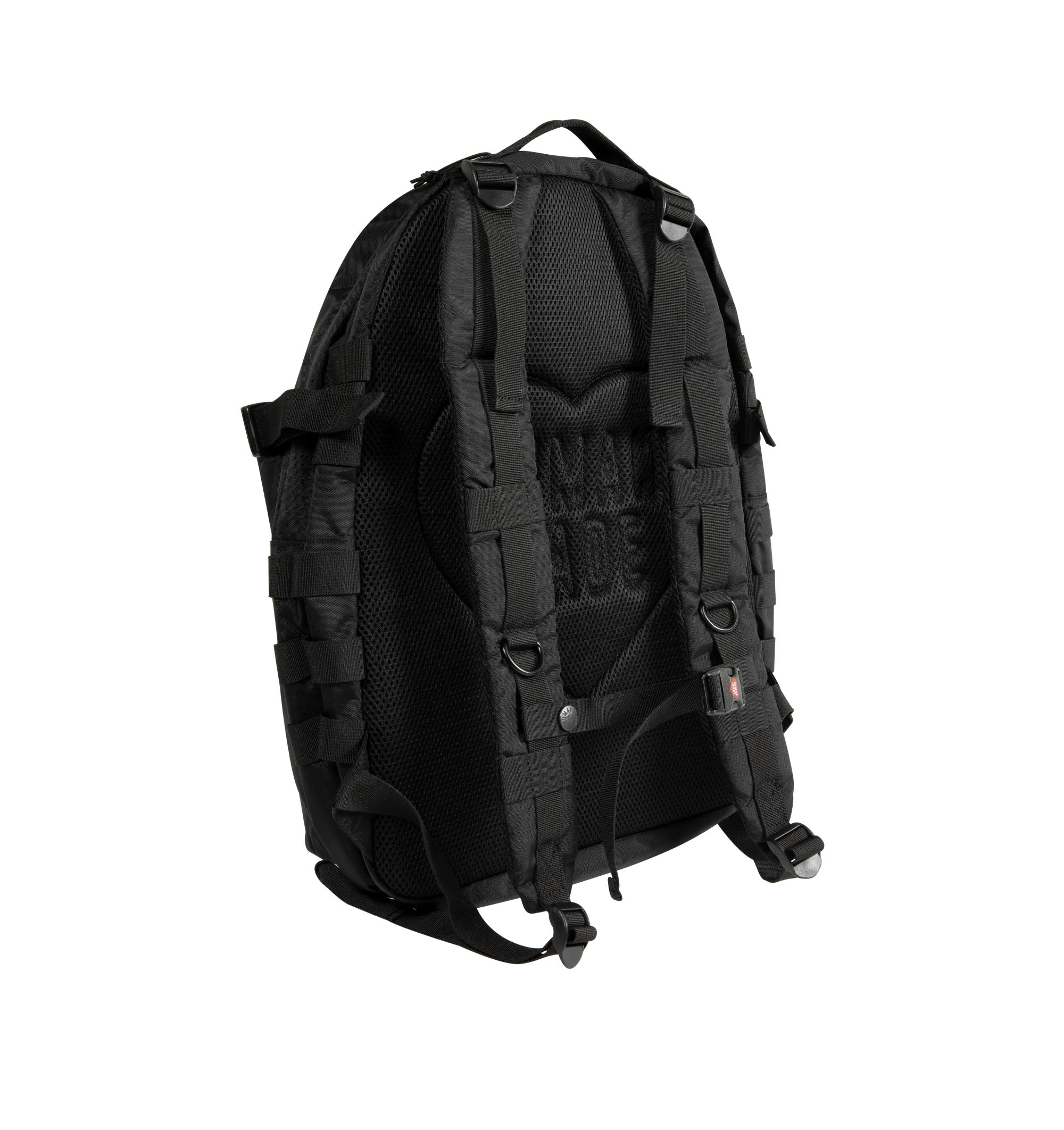 Image 2 of 3 - BLACK - Human Made Military Backpack is crafted from lightweight nylon Oxford fabric and features a military-inspired silhouette with stencil-style graphics and modular attachment functionality. Designed with a front flap pocket with buckle strap closure, a cushioned sleeve for a laptop or tablet, mesh-padded back panel, adjustable waist belt, and B4-sized storage capacity for everyday versatility. Main Material: Shell: 100% Nylon. Lining: 100% Polyester. Dimensions: 44 cm H x 32 cm W x 11 cm