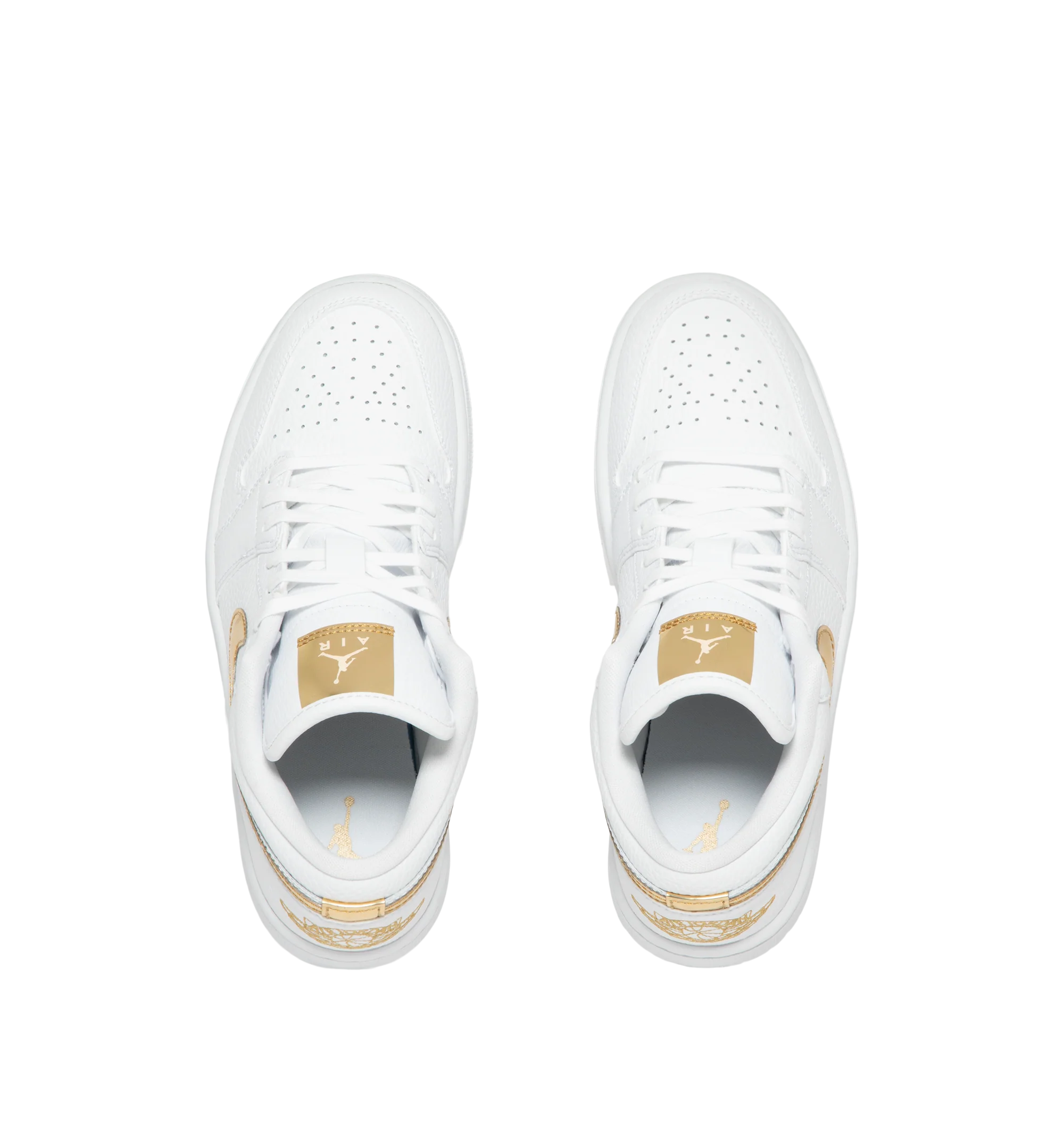 Image 5 of 5 - GOLD - Women's Air Jordan 1 Low SE Sneakers feature a genuine leather upper with signature stitched overlays, a low-top silhouette, and iconic Wings branding for a timeless look. These lifestyle sneakers combine lightweight Air-Sole cushioning, a supportive cupsole construction, and a durable rubber outsole for everyday comfort, stability, and reliable traction. Main Material: Genuine Leather. Midsole: Foam with Air-Sole Unit. Sole: Rubber.