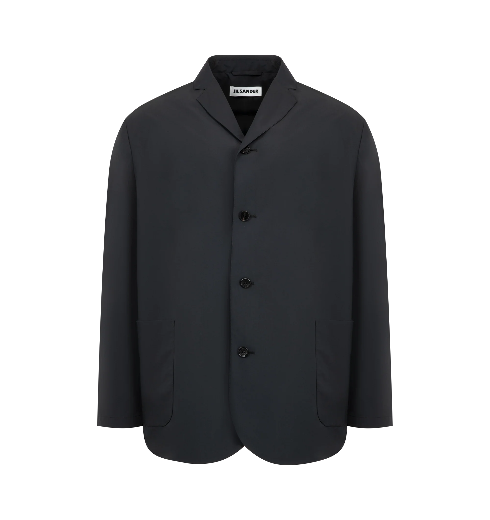 Image 1 of 3 - BLACK - Jil Sander Mens Sport Jacket is a Single-Breasted Tailored Jacket is crafted from lightweight technical fabric. Features a relaxed fit, notched lapels, button-front closure, long sleeves, two front patch pockets, and a straight hem. Main Material: 100% Polyester. Made in Italy.